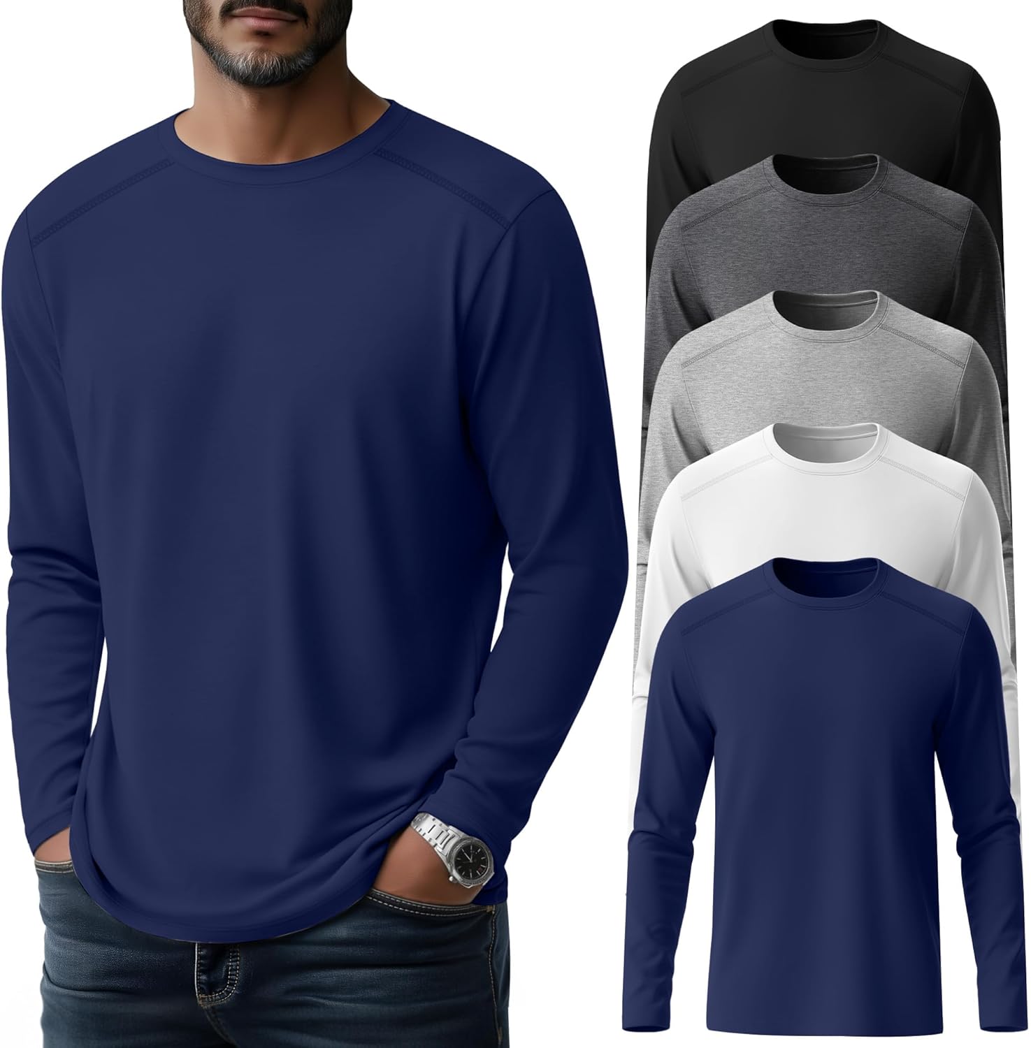 5 Pack Men's Big and Tall Shirts, Long Sleeve Tees Solid Casual Basic Tops Soft Crew Neck T Shirts