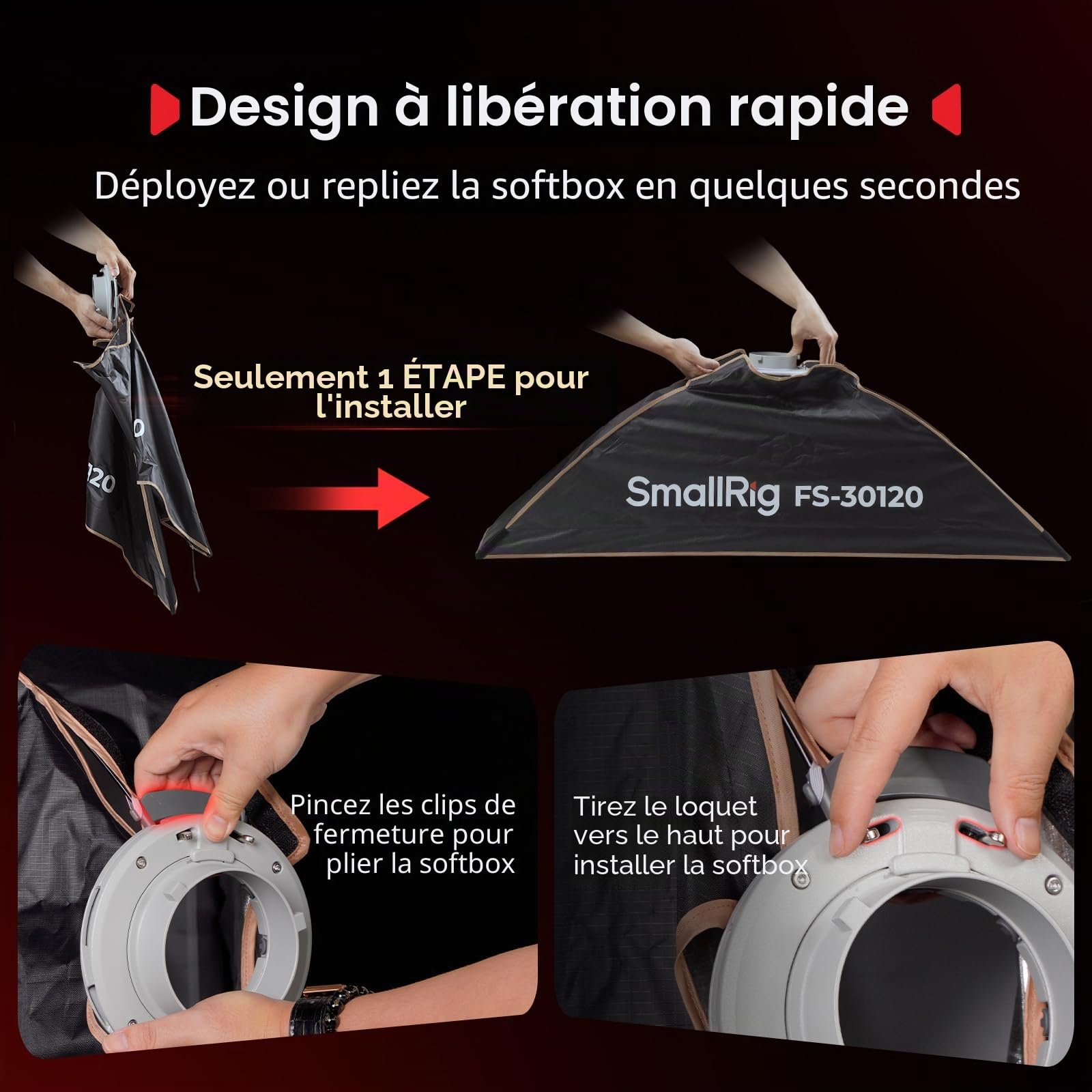 SMALLRIG 12'' x 47'' FS-30120 Softbox Bowens à Dégagement Rapide avec Diffuseur/Grille Nid d'abeille/Sac, Compatible avec SmallRig RC 220 Pro, pour COB à Monture Bowens, pour Godox pour Neewer -5370