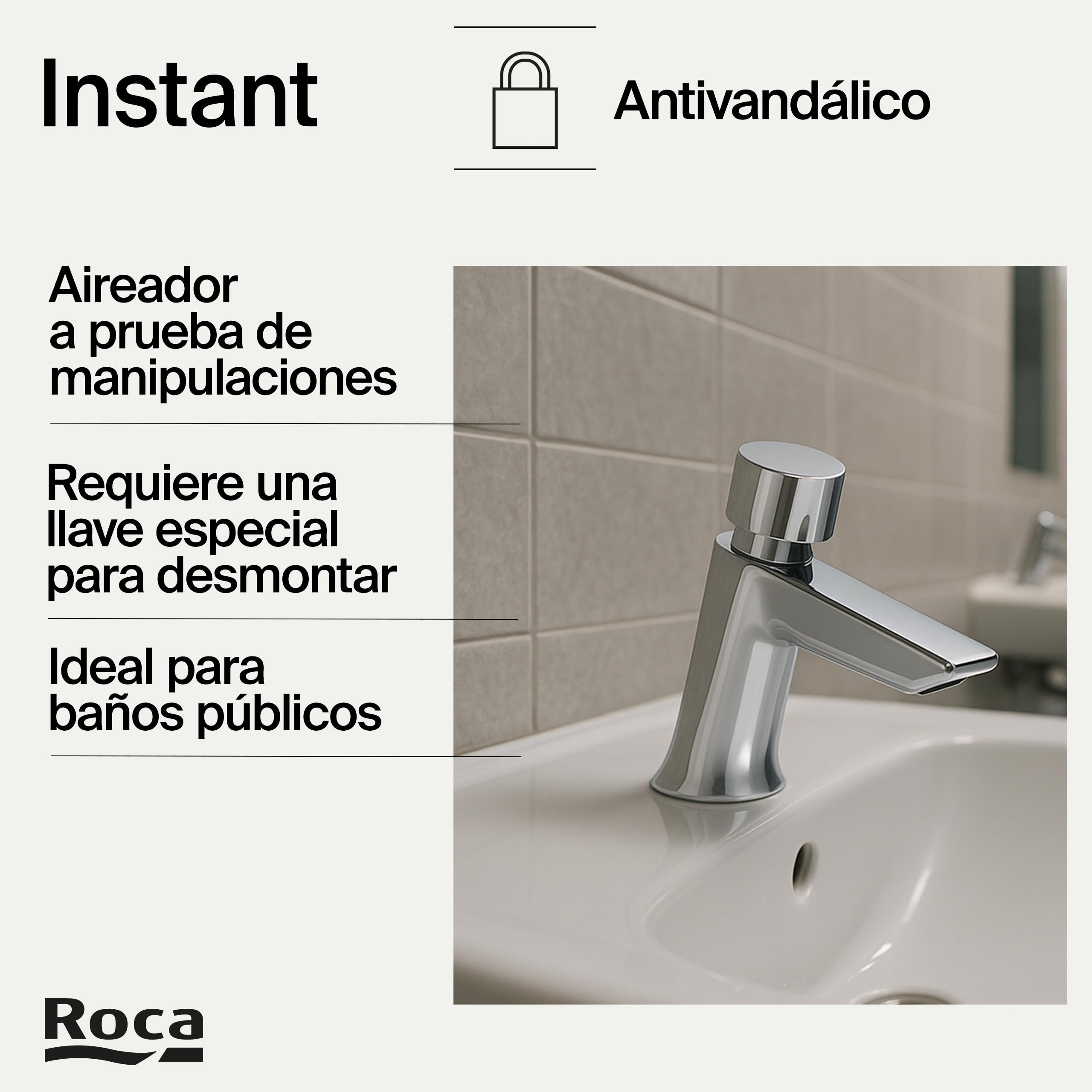Roca Instant Grifería para lavabo temporizada, grifo monomando de repisa con pulsador, mezclador para cuarto de baño con limitador de caudal y cierre automático en 15 segundos, cromado, A5A4277C00