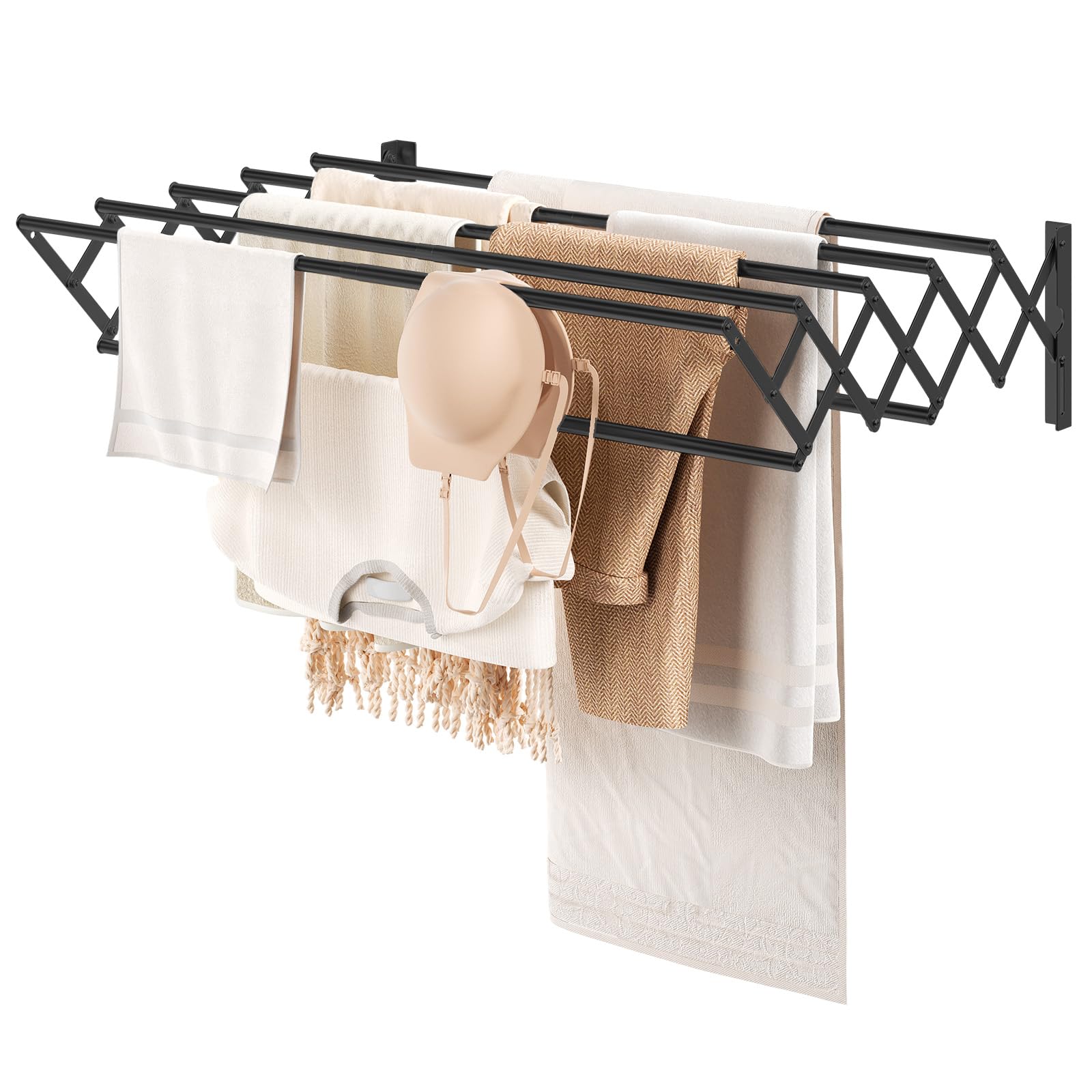 TECHMILLY Wall Mounted Clothes Drying Rack-7 Rods Laundry Drying Rack Retractable Drying Rack Clothing Foldable, Space Saving Drying Rack for Indoor Outdoor, Black, 31.5" x 23.2" x 7.5"