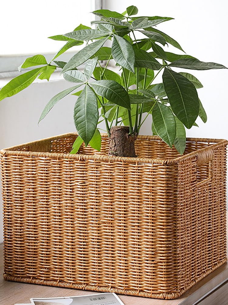 Cesto in Rattan, Cestino Portaoggetti Grande, Contenitore Portaoggetti in Tessuto, Scatola Portaoggetti in Rattan per Camera da Letto, Casa, Accessorio per Ufficio (2)