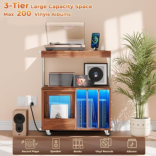 Miniatura 7 de Soporte grande para tocadiscos con puerta corredera y ruedas, armario de almacenamiento de discos de vinilo de 200 grados, mesa de tocadiscos con