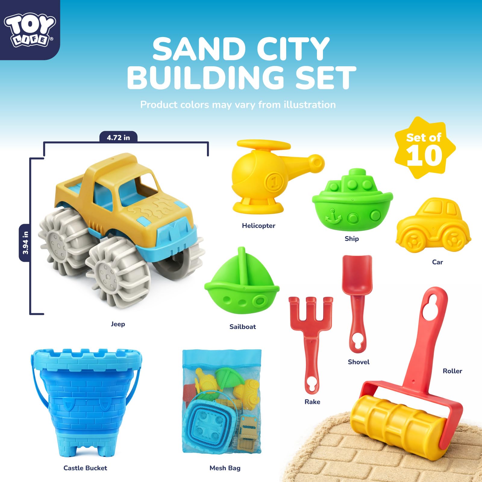 TOY Life Sandspielzeug-Set für Kinder, mit faltbarem Eimer, Transportformen, Auto, Straßenwalze, 2 Schaufeln, Netztasche