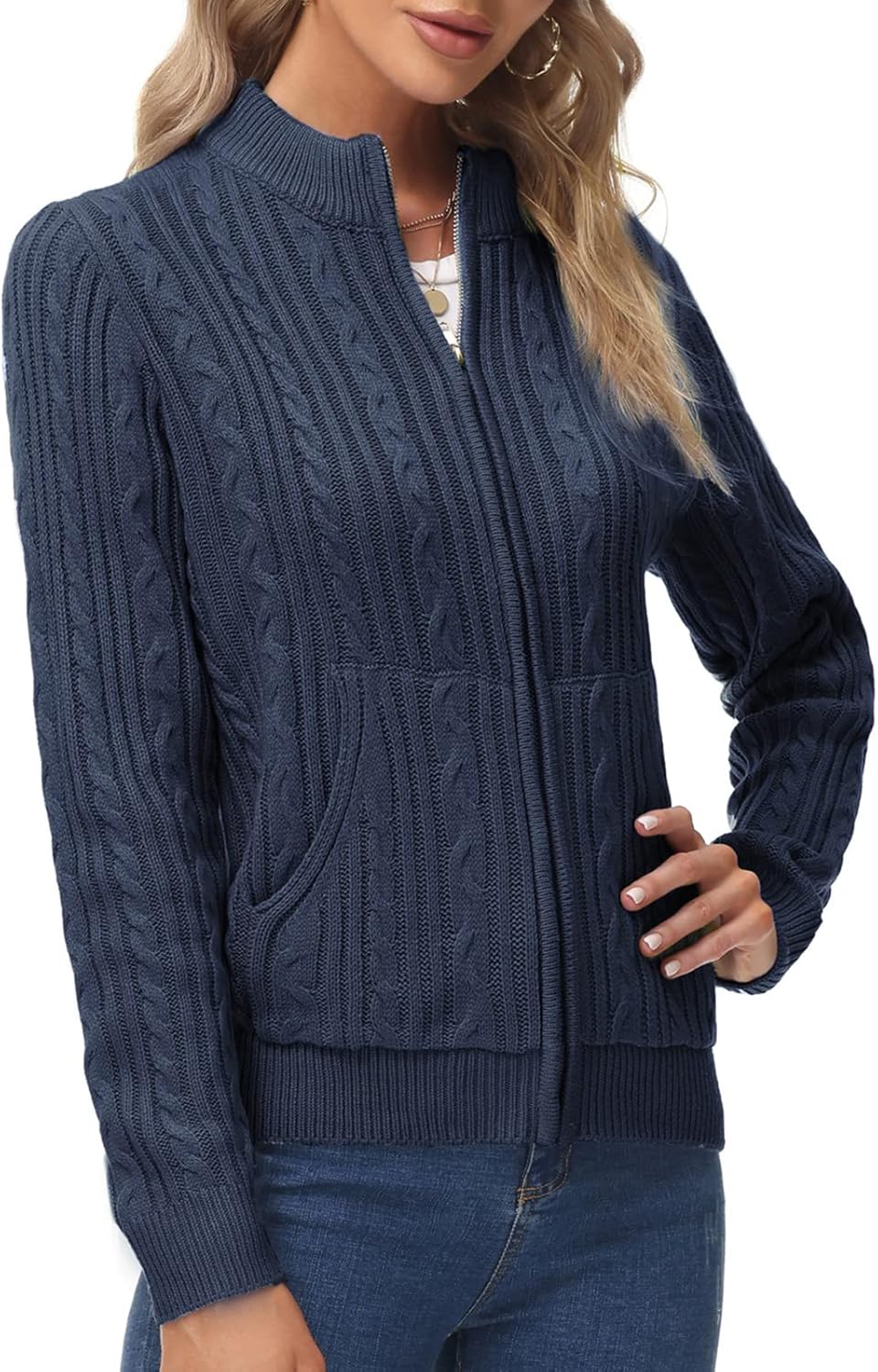 KANCY KOLE Women's Zip Up Sweaters Jacket, Cable Knit Chunky Cardigan Sweater with Pockets, Fall Winter Clothes