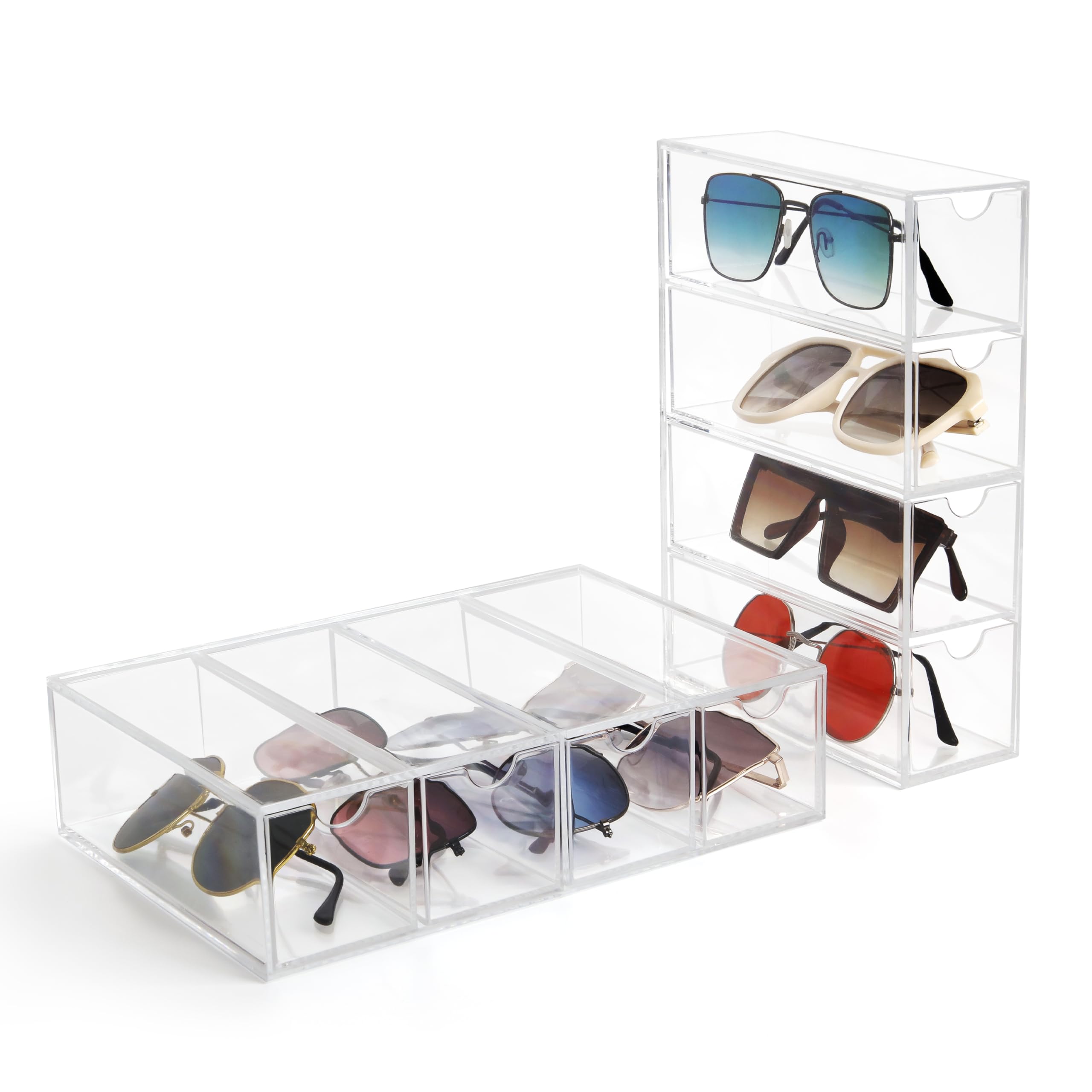 Winter Shore Organizer na Okulary z Akrylu z 4 Szufladami [Zestaw 2szt.] - Przezroczysty Pojemnik na Okulary, Okulary Przeciwsłoneczne i Akcesoria - Zestaw 2 Stosowalnych Organizerów na 8 Par Okularów