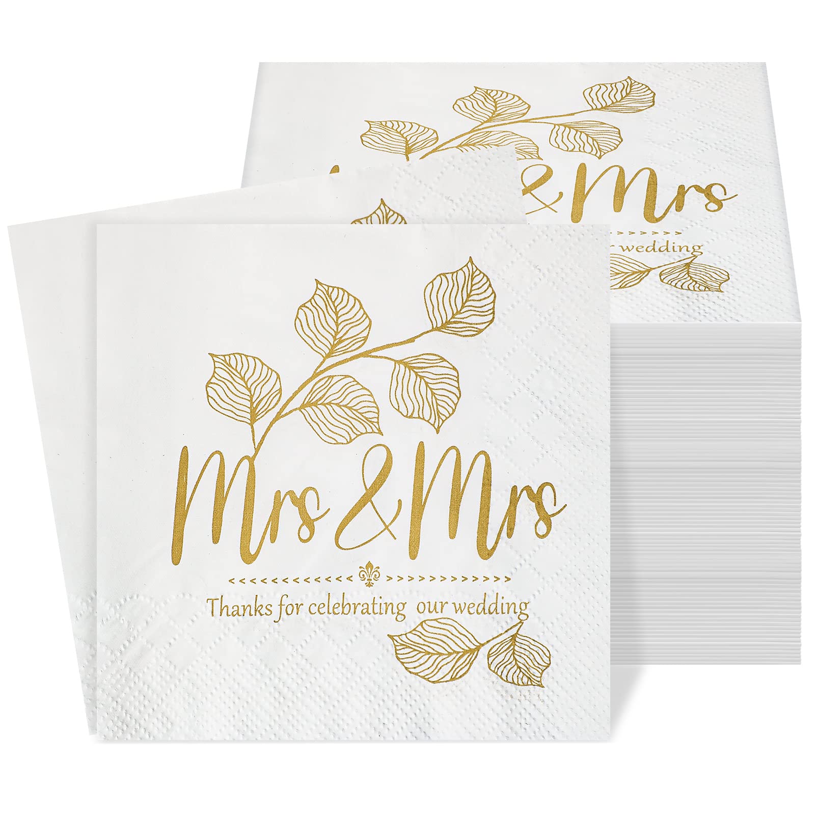 Kosiz 100 Pcs Mrs and Mrs Wedding Napkins Gold Cocktail Beverage Dessert 3 Ply Paper Napkins for Reception Lesbian Wedding Decorations for Cake Table