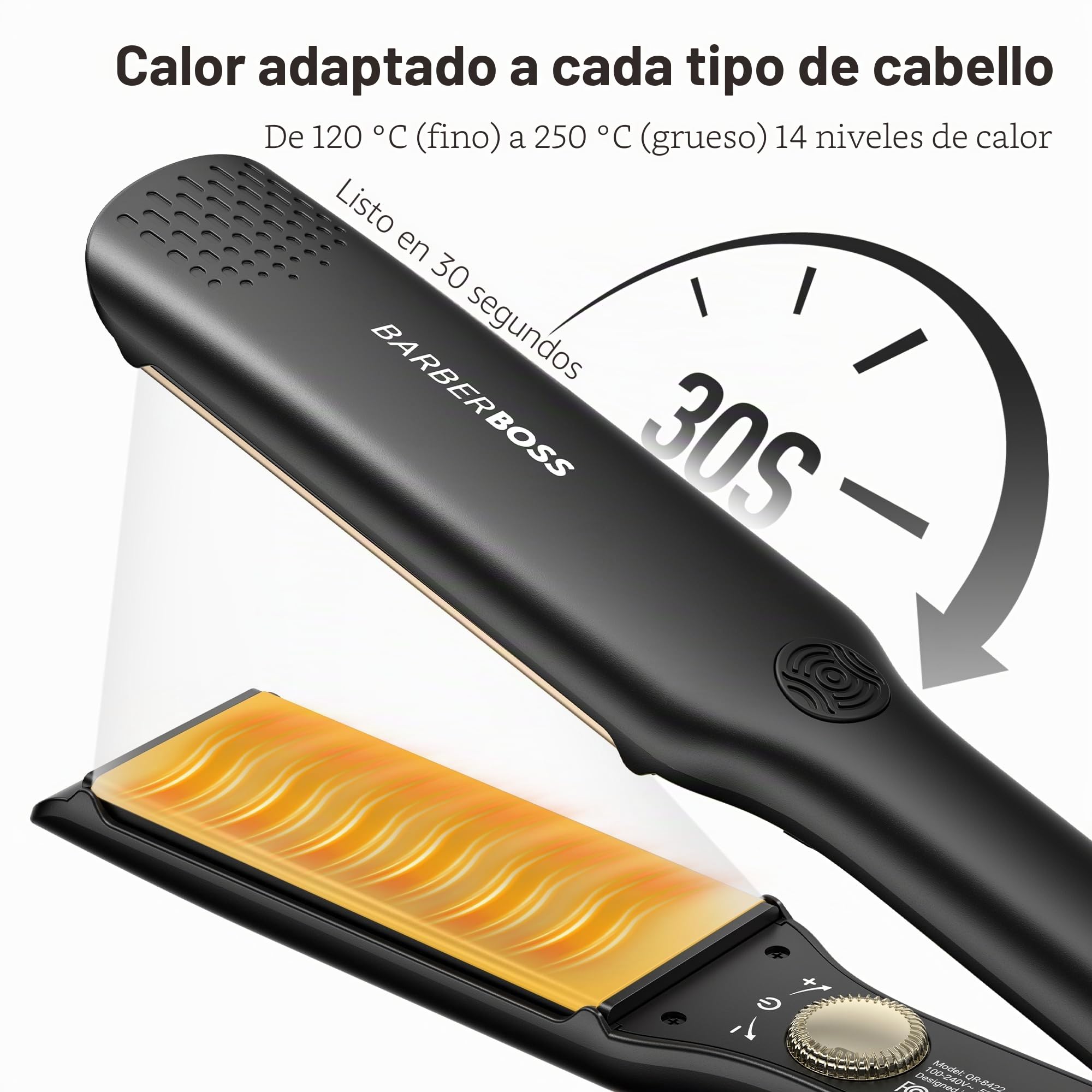 BarberBoss Alisador, placas flotantes de cerámica, tratamiento iónico y queratina para cabello liso y sin encrespamiento, plancha profesional a temperatura ajustable (QR-8422, Negro)