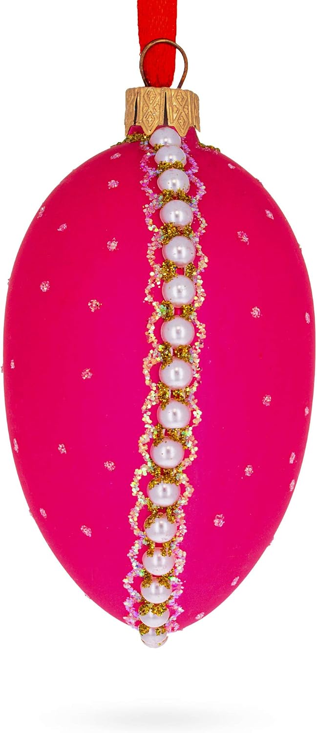 Italian Fashion House Pearl Buckle on Pink Glass Egg Ornament 4 Inches