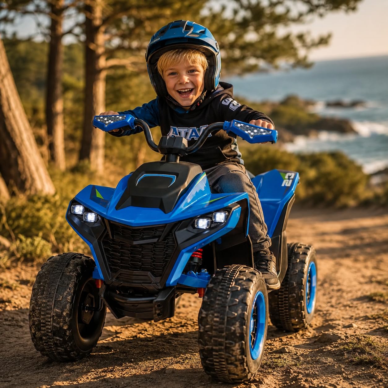 Quad elettrico per bambini 24 V ATAA Vengeance blu moto a batteria per bambini con telecomando luci LED musica e Bluetooth
