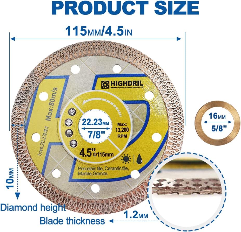 HIGHDRIL Diamond Saw Blade - 2pcs 4 1/2 Inch Diamond Tile Blade Disc Cutting Porcelain Tile Ceramic Granite Marble Dry or Wet Use Circular Saw Blade with Turbo X Mesh