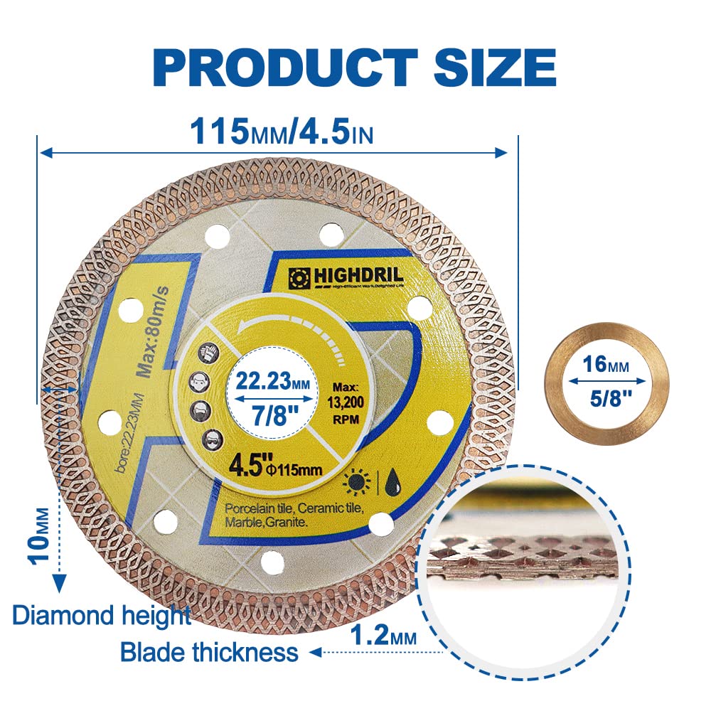 Hoja de diamante superfina, HIGHDRIL 3 piezas 115mm con cenador de 7/8-5/8 pulgadas,hoja de diamante seco húmedo con borde de malla X Angel Grinder disco de porcelana cerámica terracota granito mármol