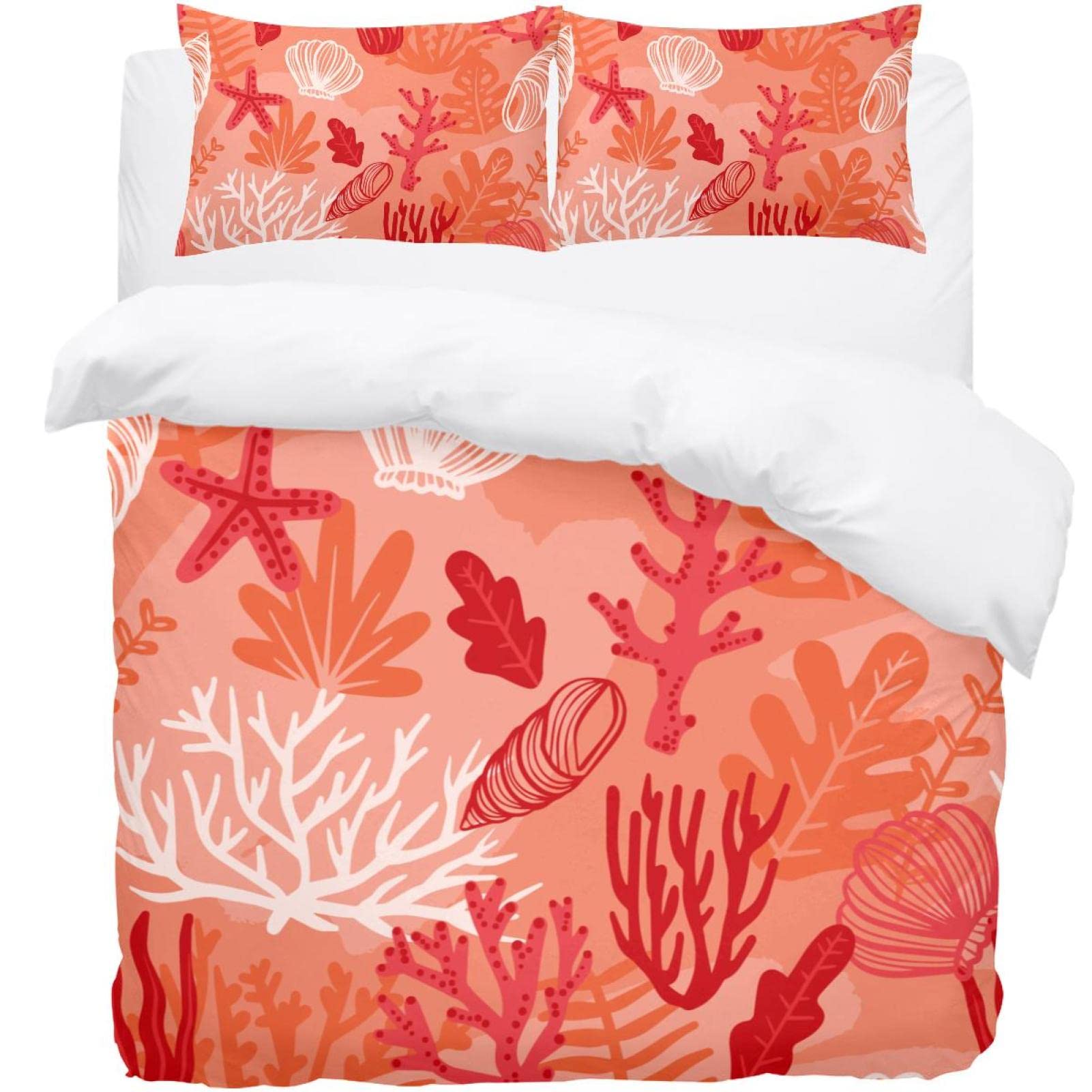 Housse de couette rouge motif conque et parure de lit douce 3 pièces