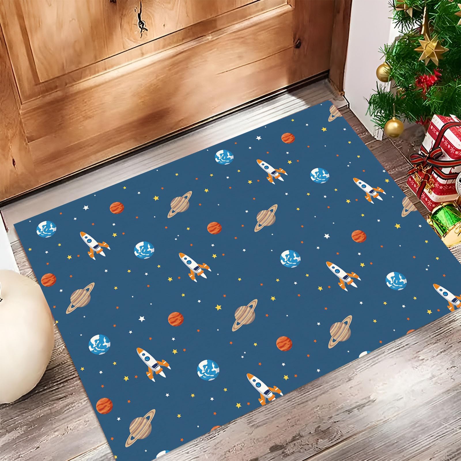 Felpudo de Bienvenida con Cohetes, Tierra, 80x120cm Felpudo Entrada Casa Planeta Espacial Antideslizante Alfombra Pasillo de Perfil Bajo para Debajo de la Puerta, Azul