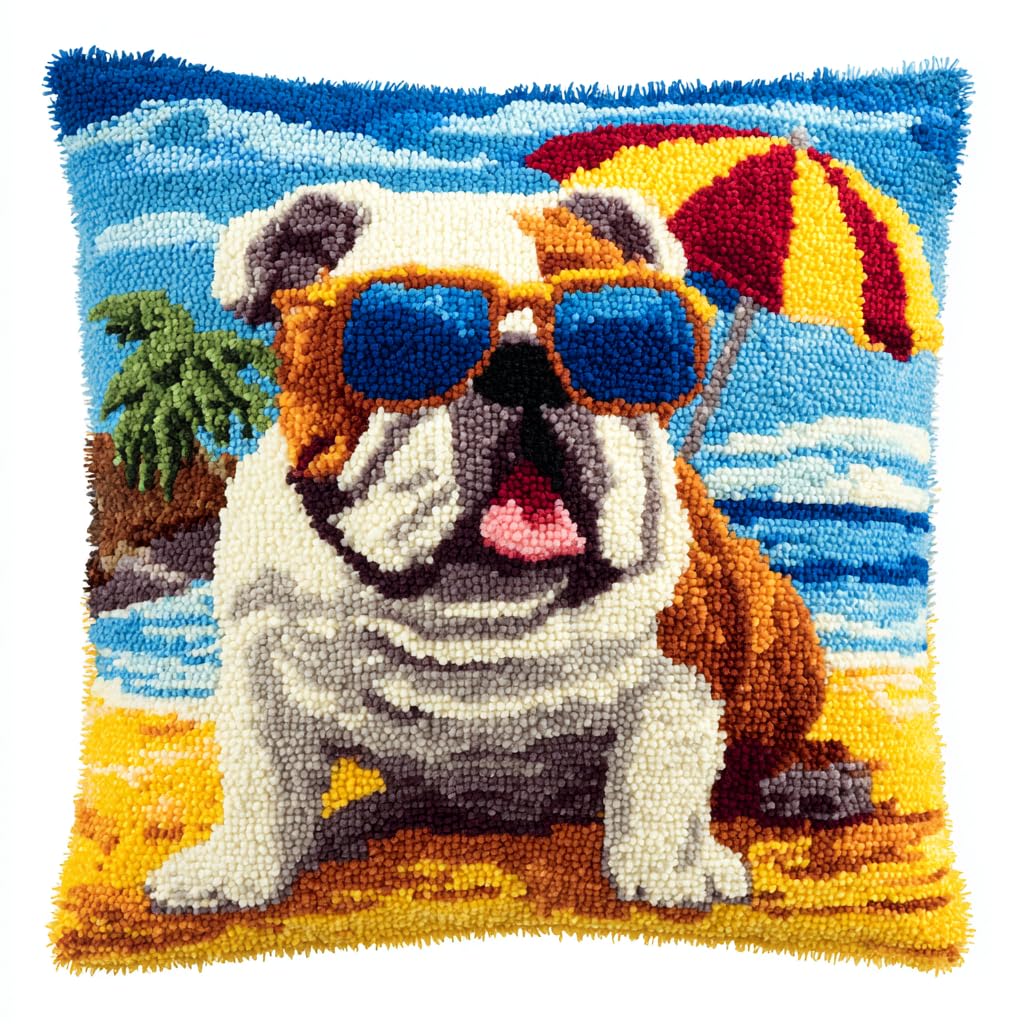 Axiangzik 003 Animal Dog Latch Hook Kits For Adults,Bulldog On The Beach,Embroidery Kits,Diy Pillowcase Hook And Latch,17X17in