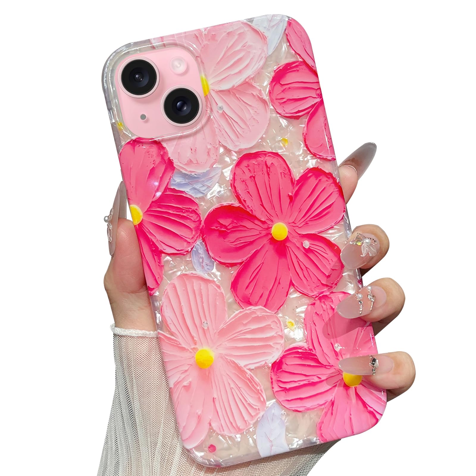 Jmltech for iPhone 14 Case Flowers Girly Aesthetic Sparkle Women Translucent Cute Floral with Phone Strap Charms Wristlet Oil Painting Shockproof