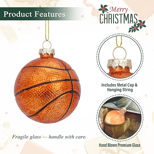 Vista 4 de Adorno de baloncesto navideño de vidrio soplado de 3.15 pulgadas, decoración de pequeña mini pelota deportiva pintada a mano 2025 para niños
