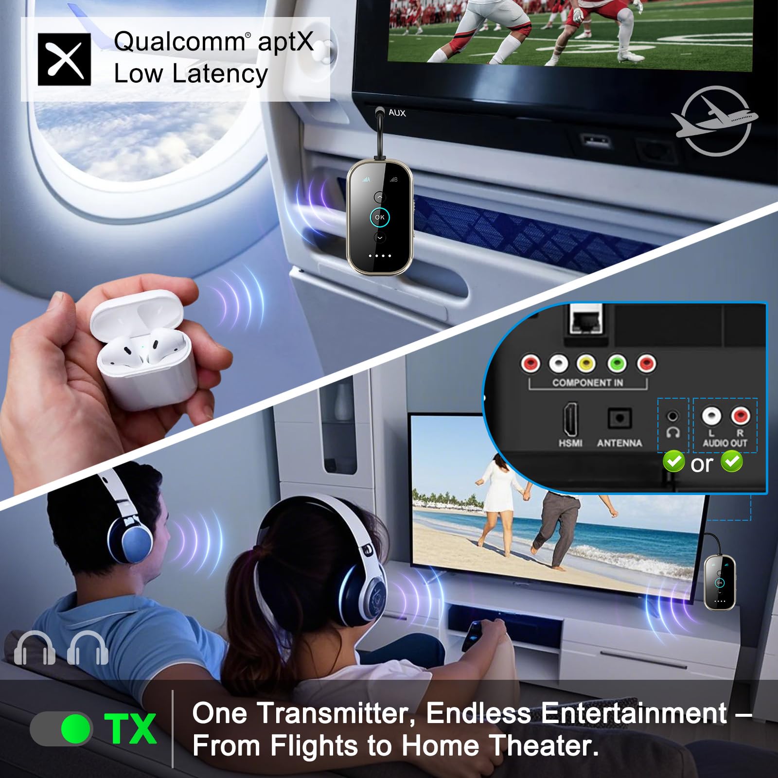 Ultra Bluetooth 5.4 Transmetteur récepteur – Aluminium CNC et verre céramique | Double lien pour 2 AirPods/écouteurs | AptX Adaptif/Audio HD | Émetteur sans fil pour avion/TV/voiture/salle de