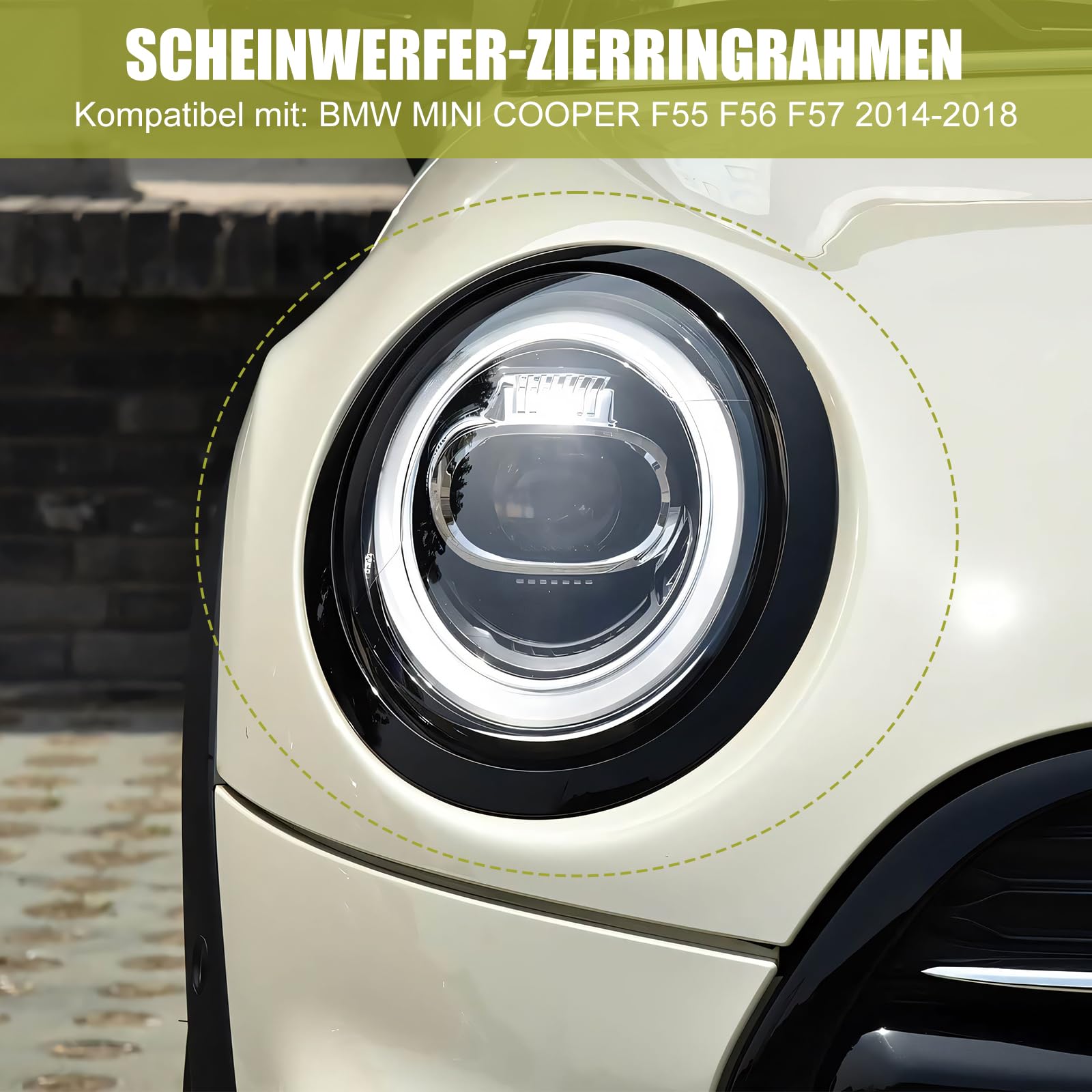 2 piezas de mini anillo decorativo para faros, tiras de cubierta de faros de repuesto para autos. Compatible con BMW Mini Cooper 14-21 F55 F56 F57, 51137300631 51137300632 51712355791