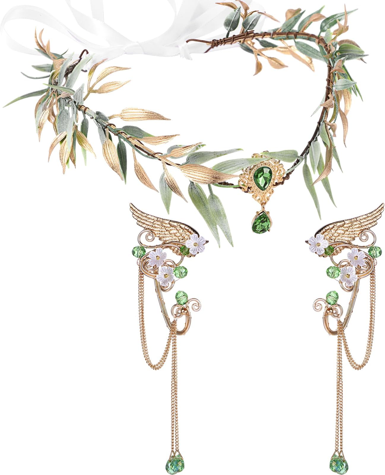 Halloween Elves Cosplay Set Fairy Flower Crown Headpiece Elf Ears Cuffs Renaissance Costume Leaf Elves Wings Ear Cuff