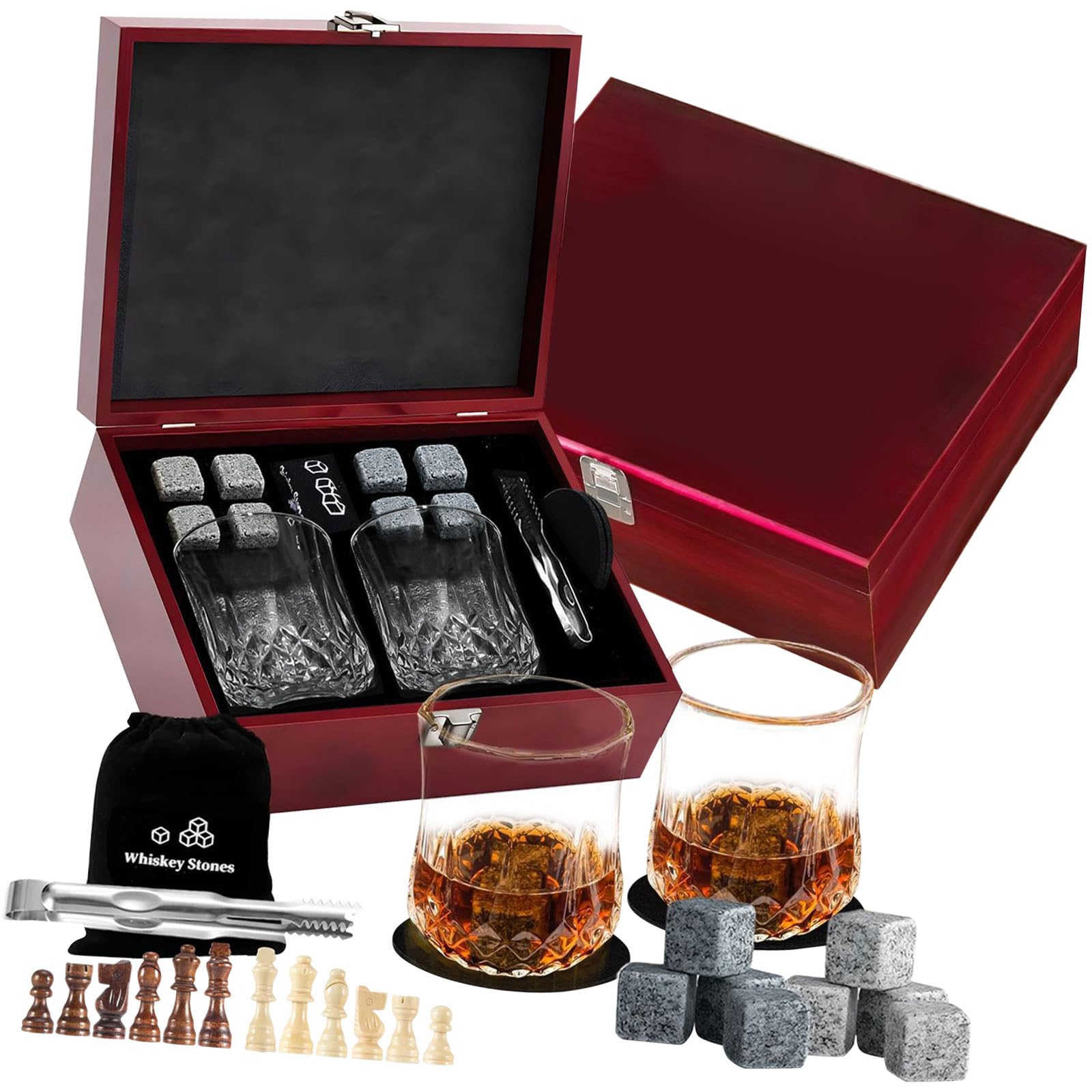 Oxxggkao Sophisticated Whiskeys Stone Gifts Bundles Including 2 Crystal Glasses and Chess Game Box for Adults Whiskeys Glasswares Set with Ice Stone