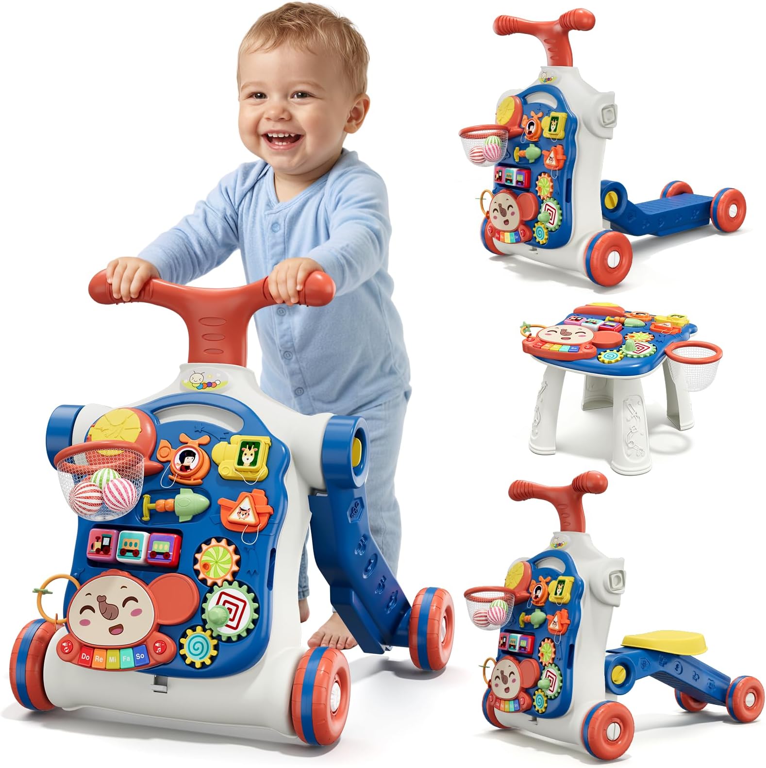 5 in 1 Baby Push Walker for Baby Boy, Activity Center Learning to Walk, Sit to Stand, Early Learning Push Toys for Infant 12 Months, Walking Toys Gift for Toddler Boys, Blue