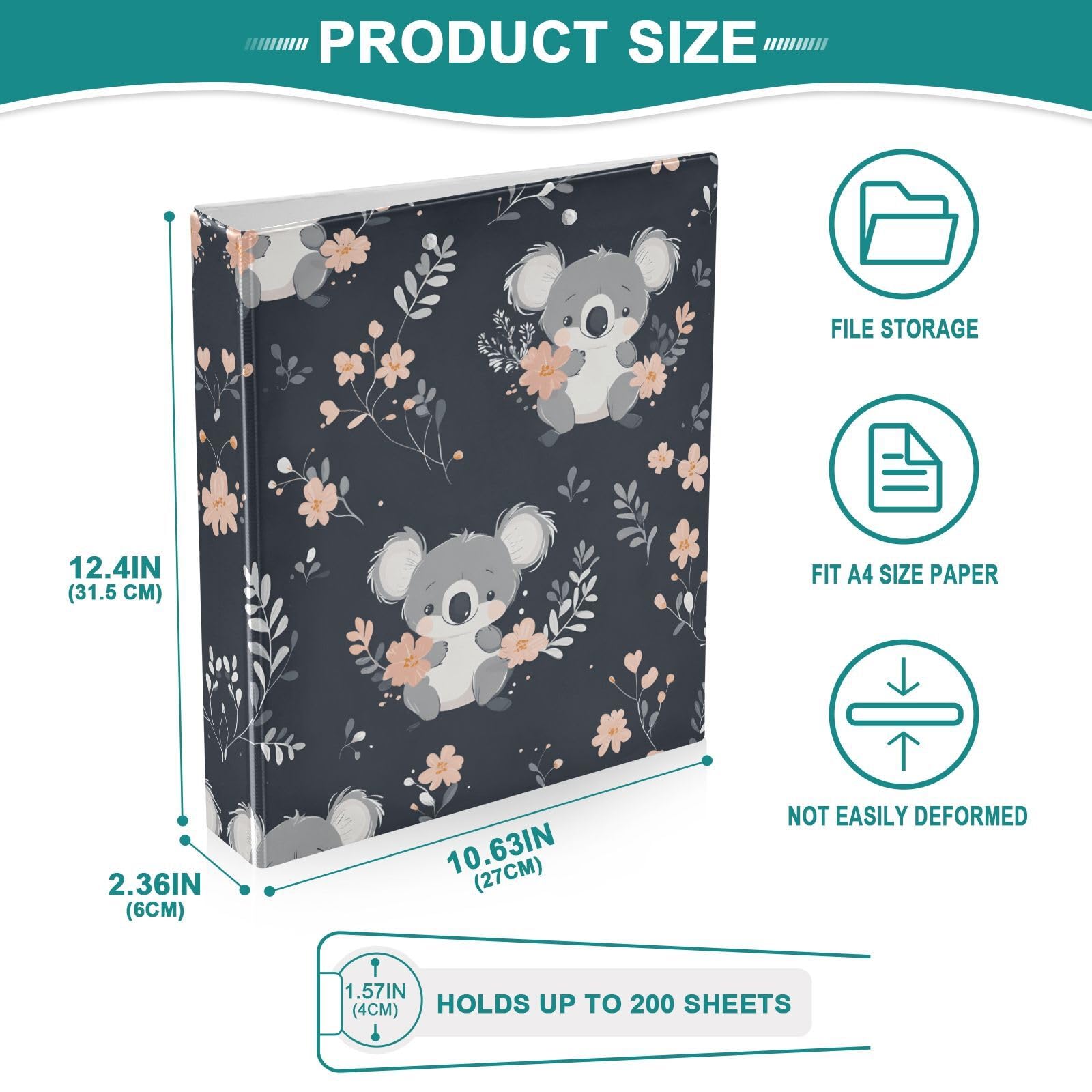 Confezione da 2 raccoglitori a 3 anelli, motivo floreale, kawaii, koala, 3,8 cm, con 3 tasche trasparenti, portablocco e contiene 200 fogli, per ufficio, scuola, organizzazione della casa