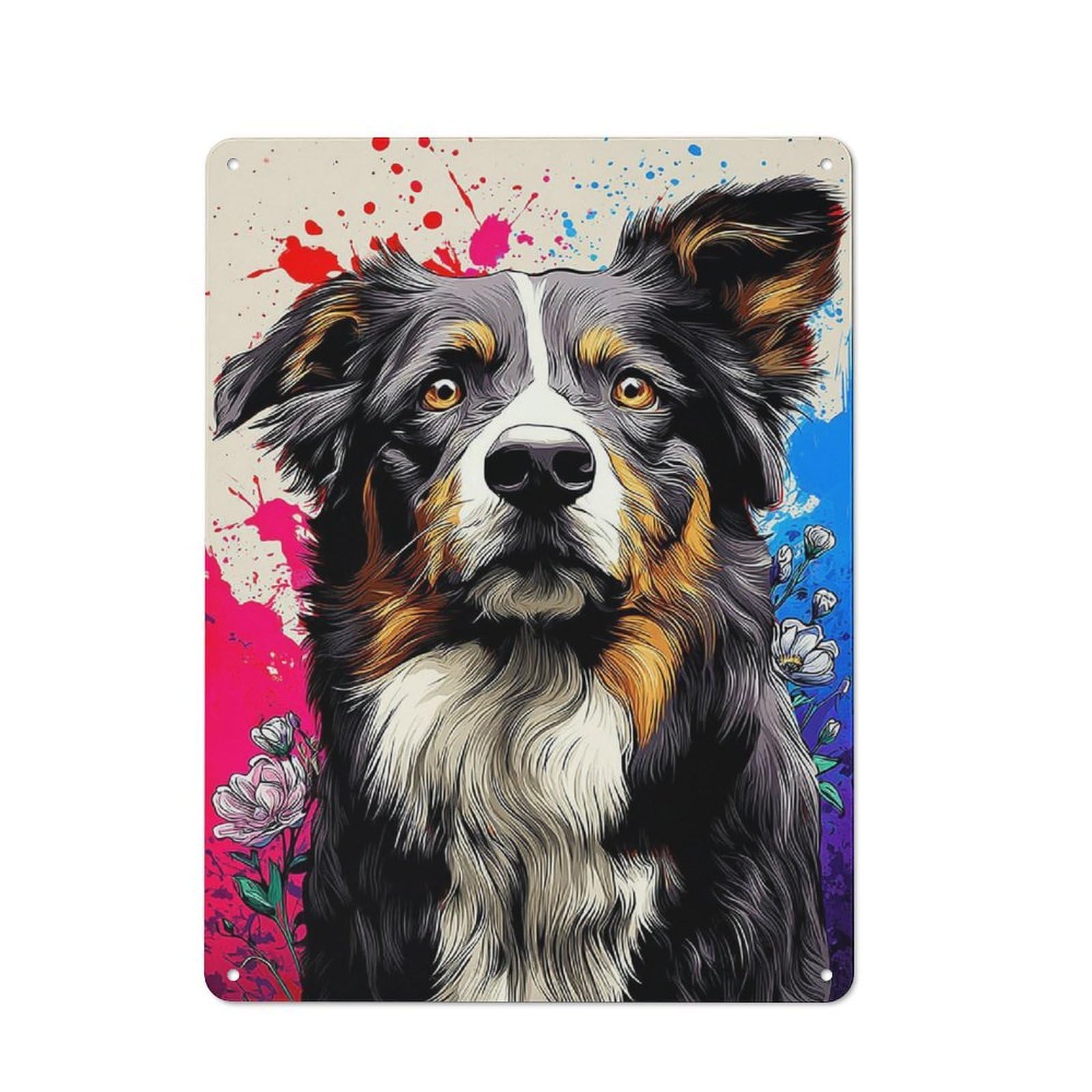 Junmoney Colorful Australian Shepherd Portrait Retro Metal Wall Sign 40X30cm For Hobby Room Or Studio, For Garage, Workshop And Man Cave Decoration