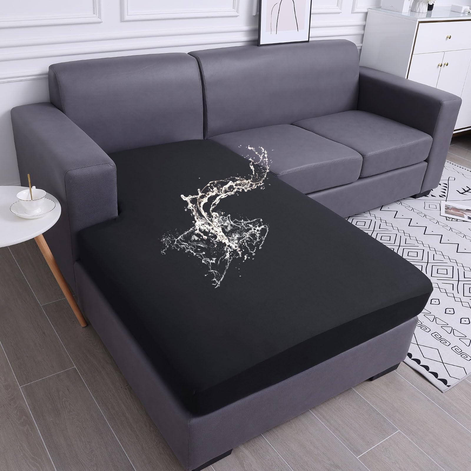 hyha Waterproof Couch Cushion Covers, Sectional Couch Covers， L Shape Sofa Cushion Covers, Stretch Sofa Seat Cushion Slipcovers, Chaise Lounge Cover with Elastic Bottom (Chaise Cover, Black)