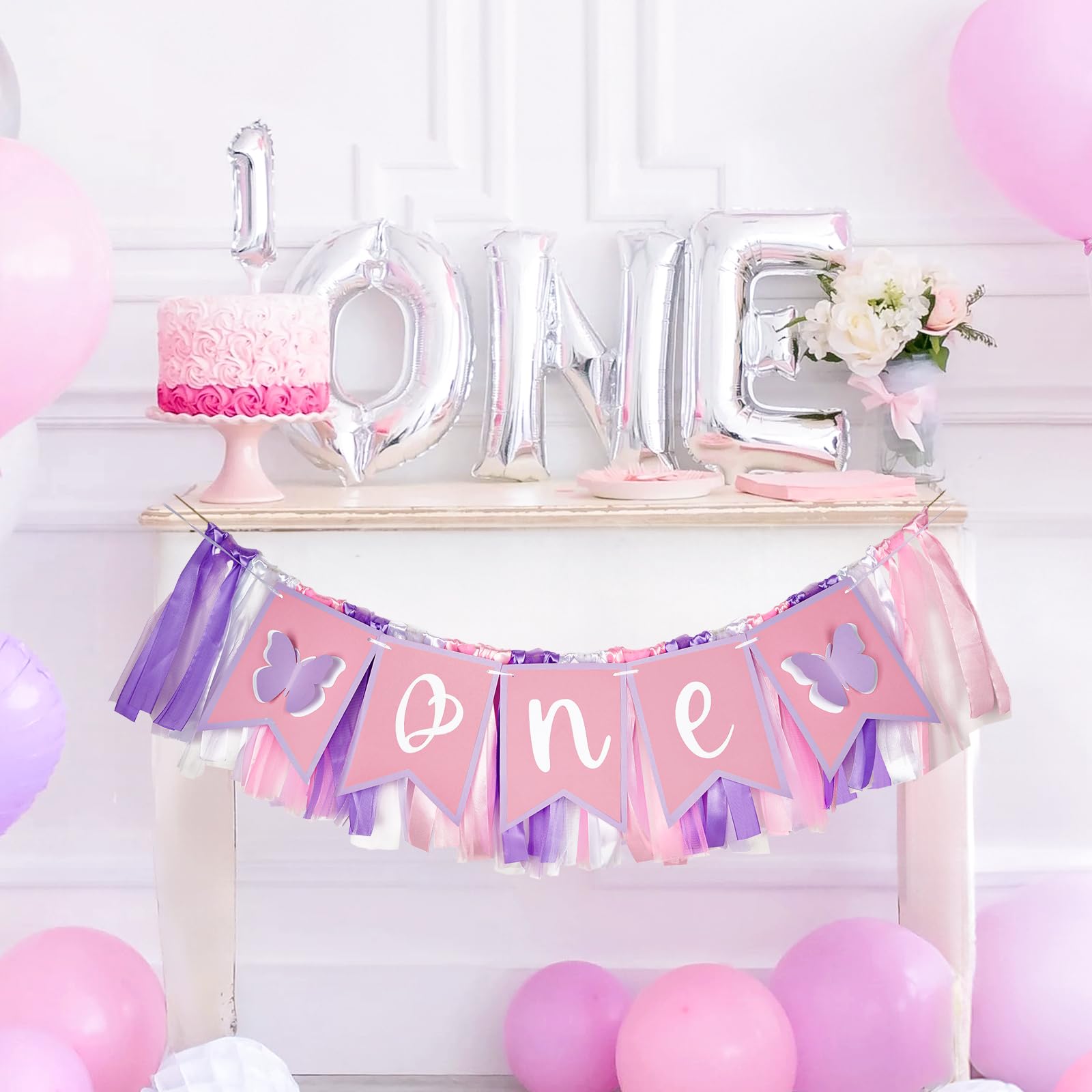 Striscione Per Seggiolone Primo Compleanno A Tema Farfalla, Rosa E Viola, Decorazione Festa Bambina - 5