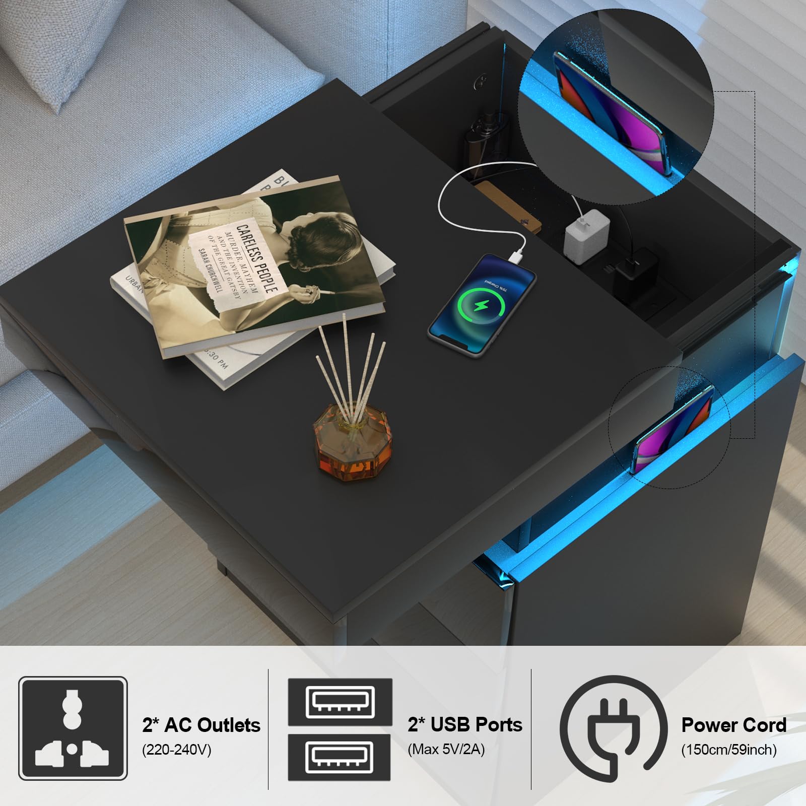 Comodino con Presa e porta USB, Comodino con illuminazione LED Regolabile, Comodini Camera da Letto Moderni Nero Pannello Scorrevole, Intelligente Comodini Camera da Letto con 3 Cassetti