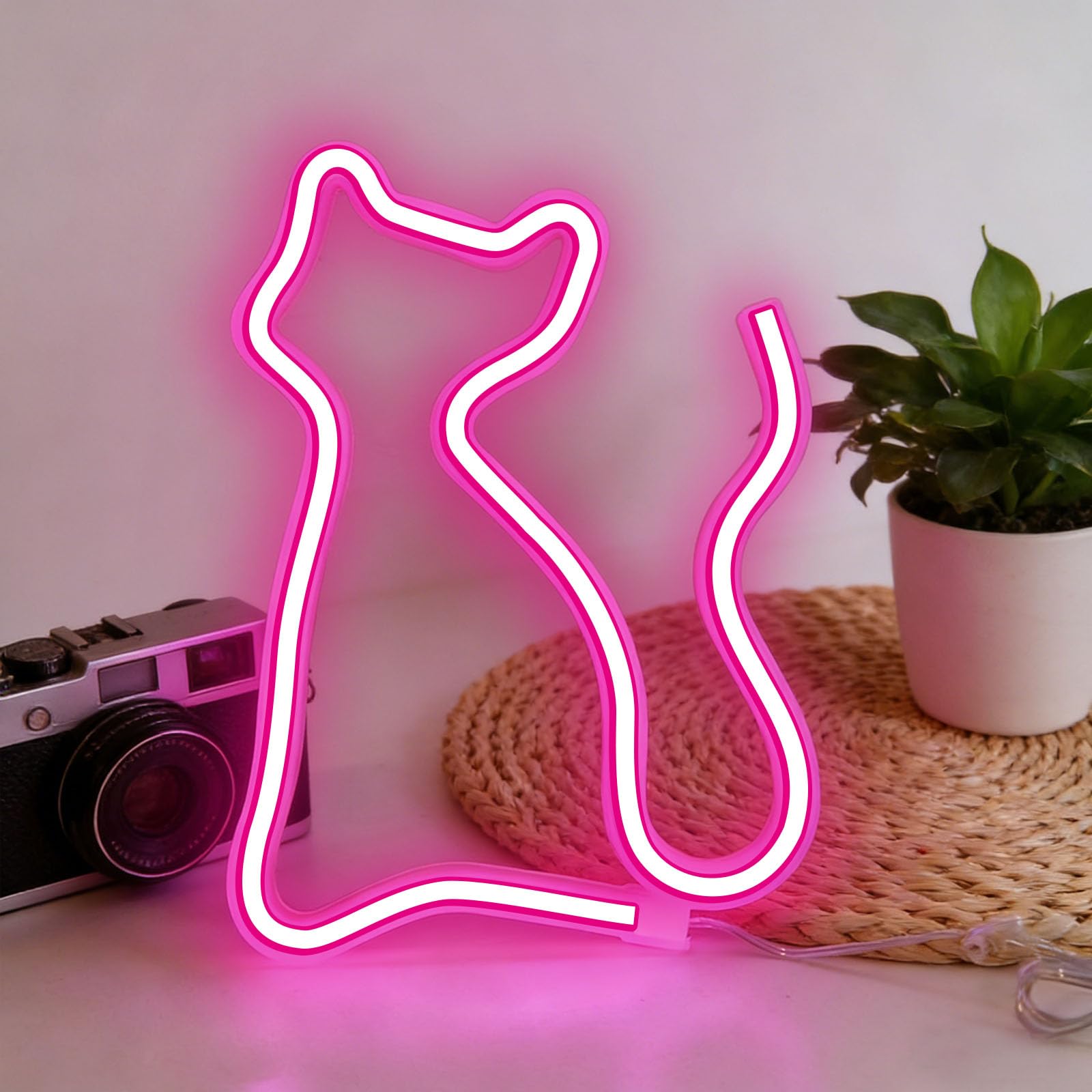 Pink Cat LED Neon Light USB/Battery Powered Eye-Catching Neon Decorative Wall Light Suitable for Children's Rooms Hotels Offices (4.5V 11.85 * 7.56 IN)