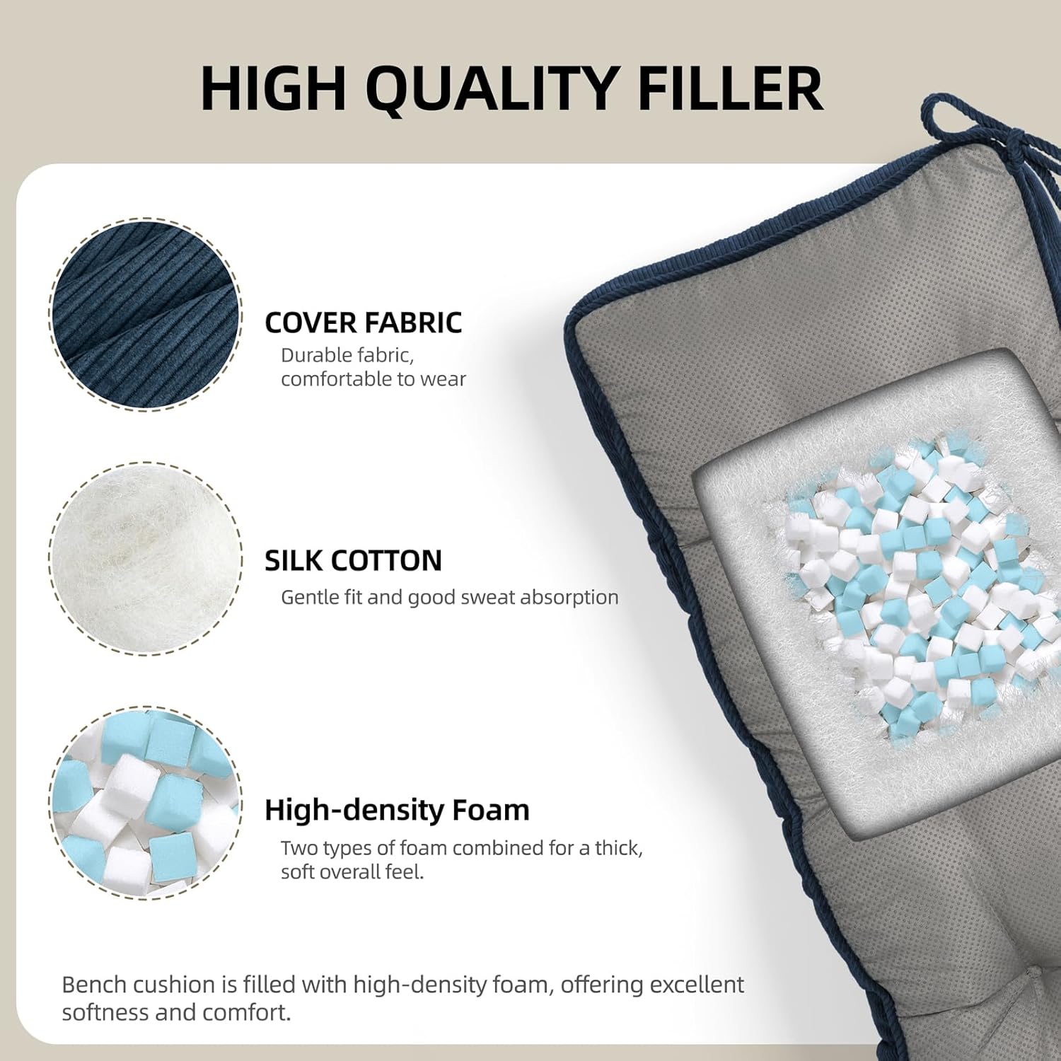 Detiblue Bench Cushion for Indoor Furniture，36x14x4Inch Tufted Bench Seat Cushion with Non-Slip, Comfortable and Durable for Shoe/Entryway/Storage with Cushion（Elita Deep Blue）
