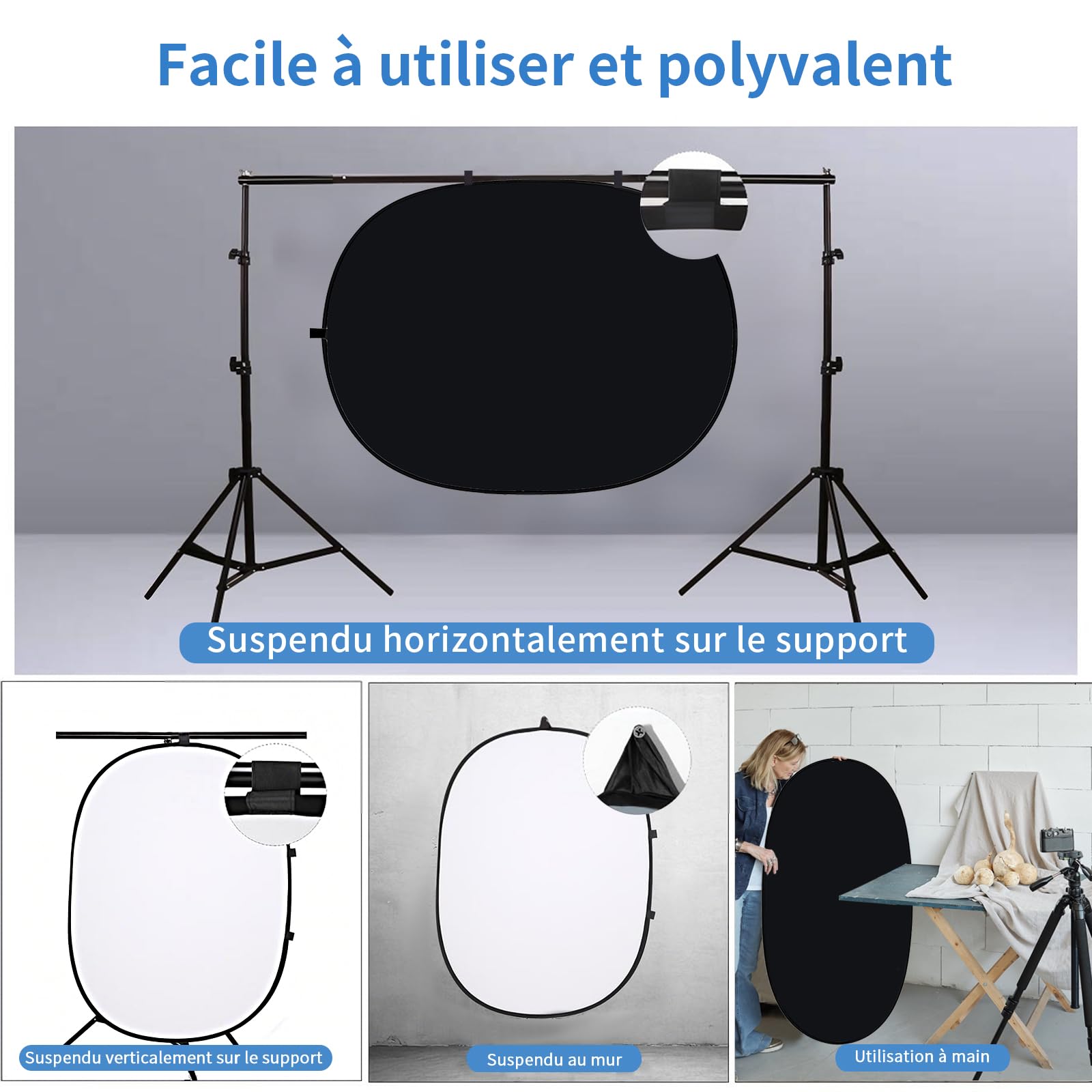 5X3.3ft (1.5mX1m) 2-en-1 Mousseline de Coton Noir et Blanc Double Face Multi-Taille Portable Pliable Photographie Prise de Vue en Direct Réflecteur Fond Sac à Dos de Transport