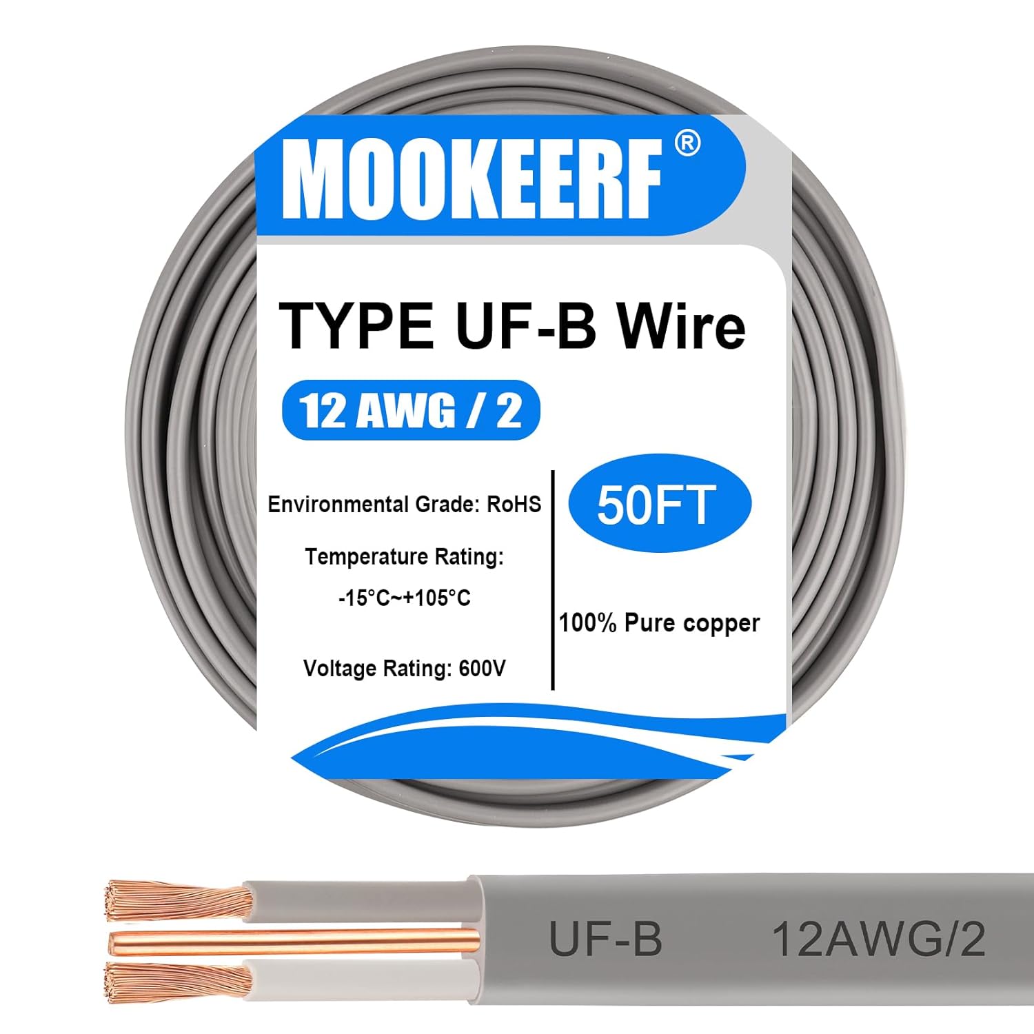 14/2 UF-B Wire - 50FT 14 Gauge Direct Burial Electrical Cable 100% Pure Copper 14AWG 2 Connector for Underground Feeder Wet or Corrosive Locations Indoor & Outdoor etc