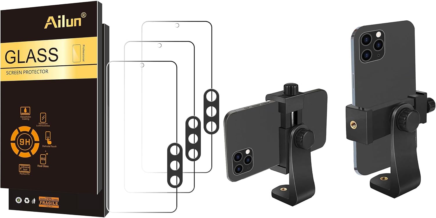 Ailun Glass Screen Protector for Galaxy S25 3 Pack + 3 Pack Lens Protector and Phone Holder