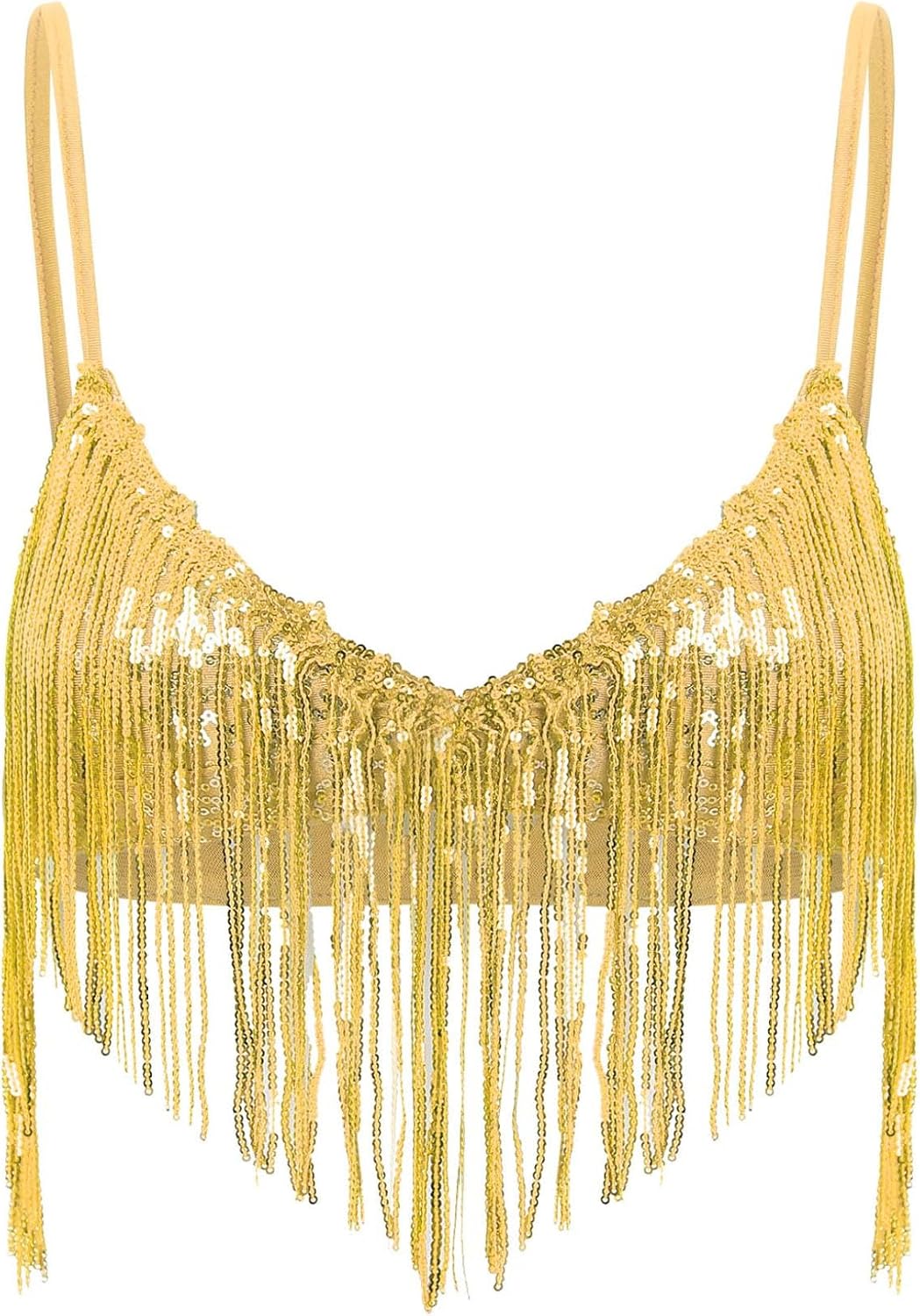 Mufeng Womens Shiny Sequin Tassel Bra Tops Swing Fringe Nopad Wireless Bralette Belly Dancewear