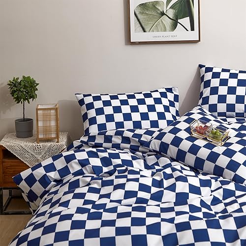 Miniatura 3 de Juego de edredón de cuadrícula azul real y blanco, juego de ropa de cama a cuadros azul real para niñas, juego de edredón transpirable para niños,