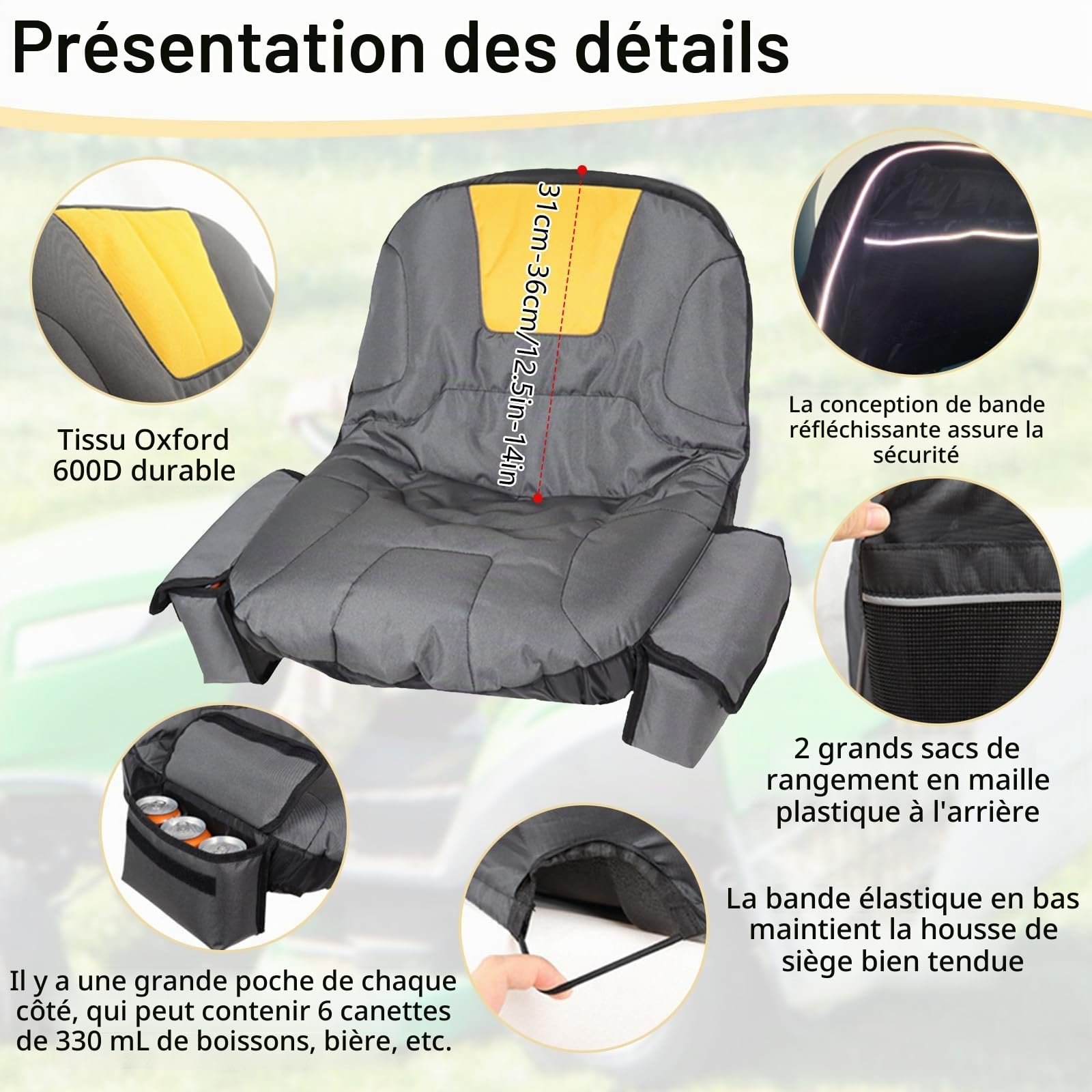 Housse De Siège De Tondeuse à Gazon, Housse De Siège pour Tracteur avec Sac à Boissons Housse De Protection De Siège De Tondeuse à Gazon en Tissu Oxford 600D Antidérapante Imperméable