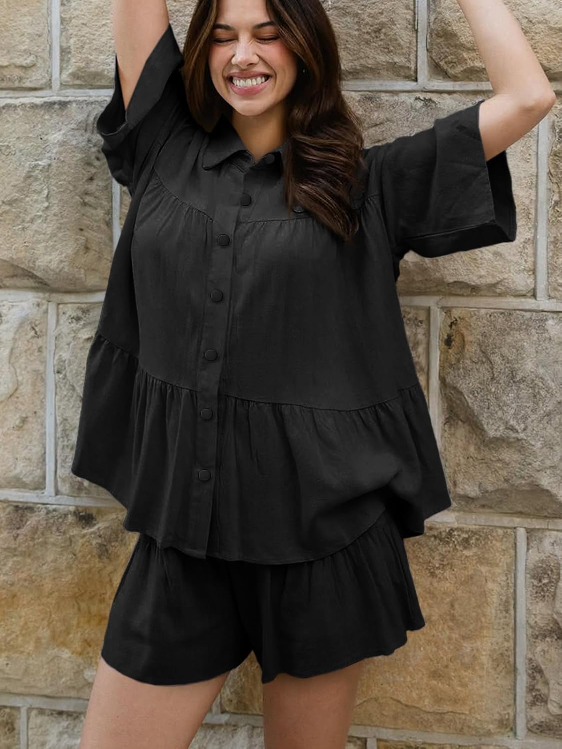 Cicy Bell Womens 2 Piece Outfits Summer Pleated Button Down Shirts High Waisted Shorts Lounge Sets Black - Image 3