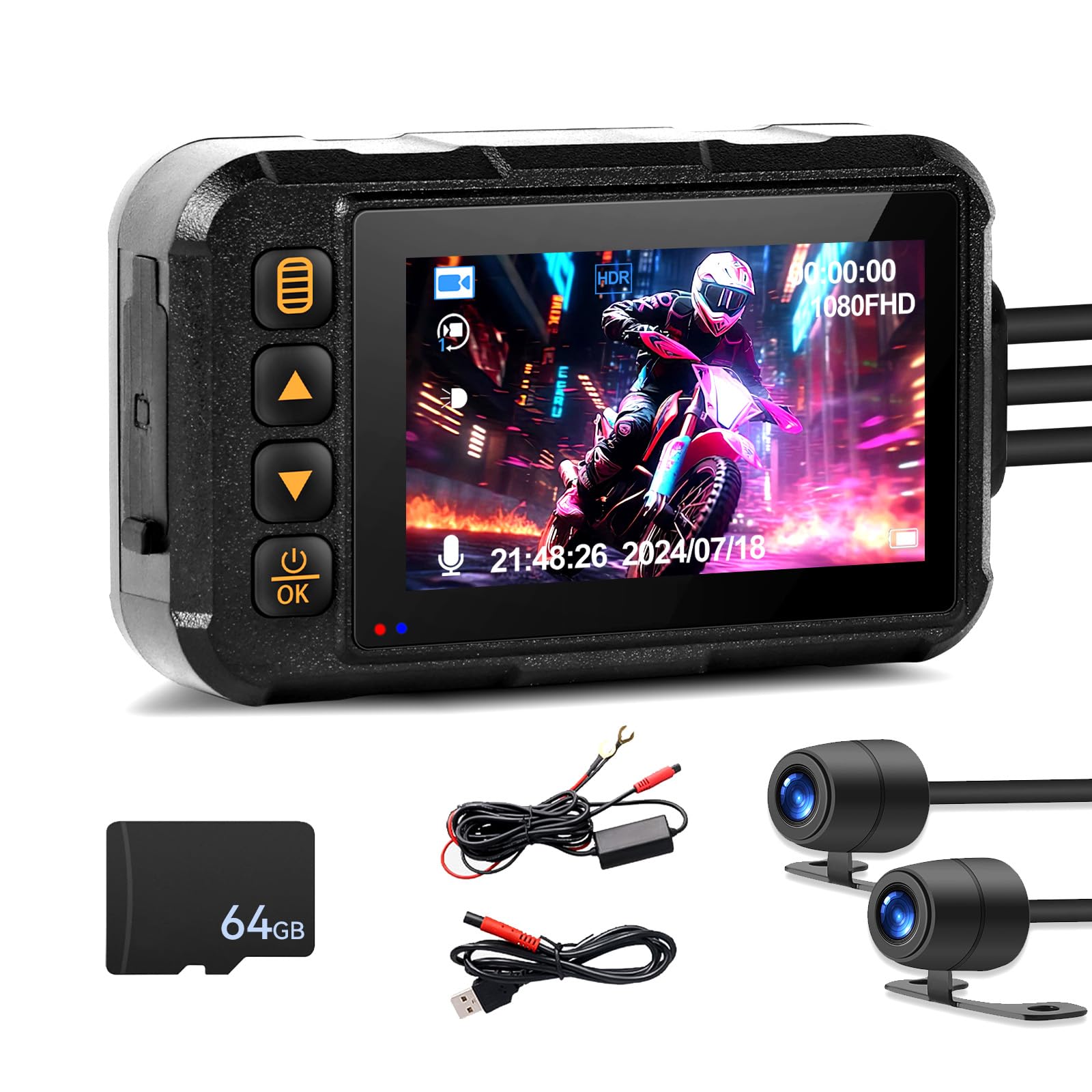CAMECHO Moto Dash Cam 3 Pollici Schermo con 64GB TF Scheda, IP67 Impermeabile Doppia Telecamere Grandangolare 120 Gradi 90 Gradi Fotocamera per Moto con HDR, G-Sensor, Registrazione in Loop