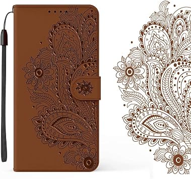 ケース Compatible with Huawei P Smart 2020 Flower Embossed リストストラップフリップフォリオキックスタンドPUレザーウォレットケース、カードスロット付き for Huawei P Smart 2020 Brown
