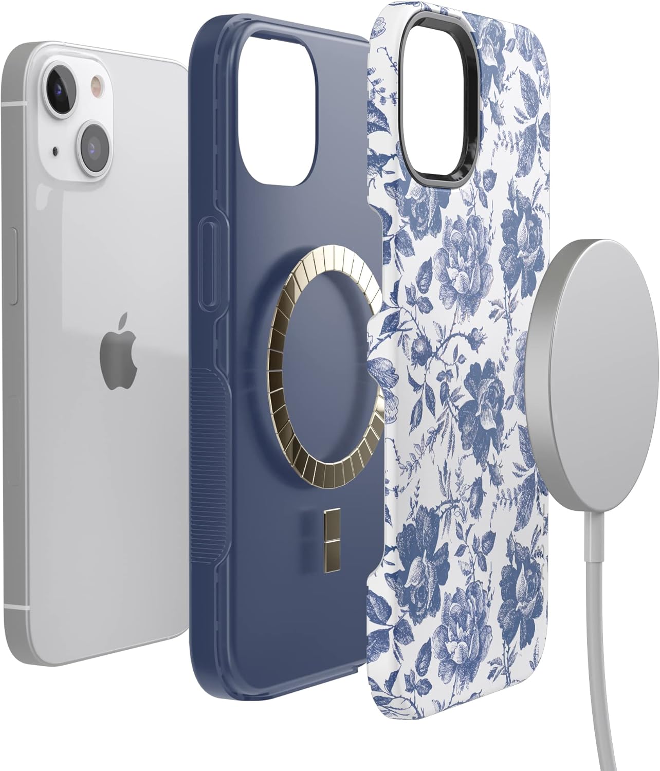 Casely iPhone 13 Case | Rose to Fame | Blue & White Floral | Bold Protective Design | Compatible with MagSafe