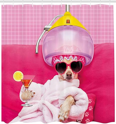 Miniatura 2 de Ambesonne Divertida cortina de ducha, diseño de perro Chihuahua, relajante y acostado en el spa, estampado cómico de moda de cachorro, juego de