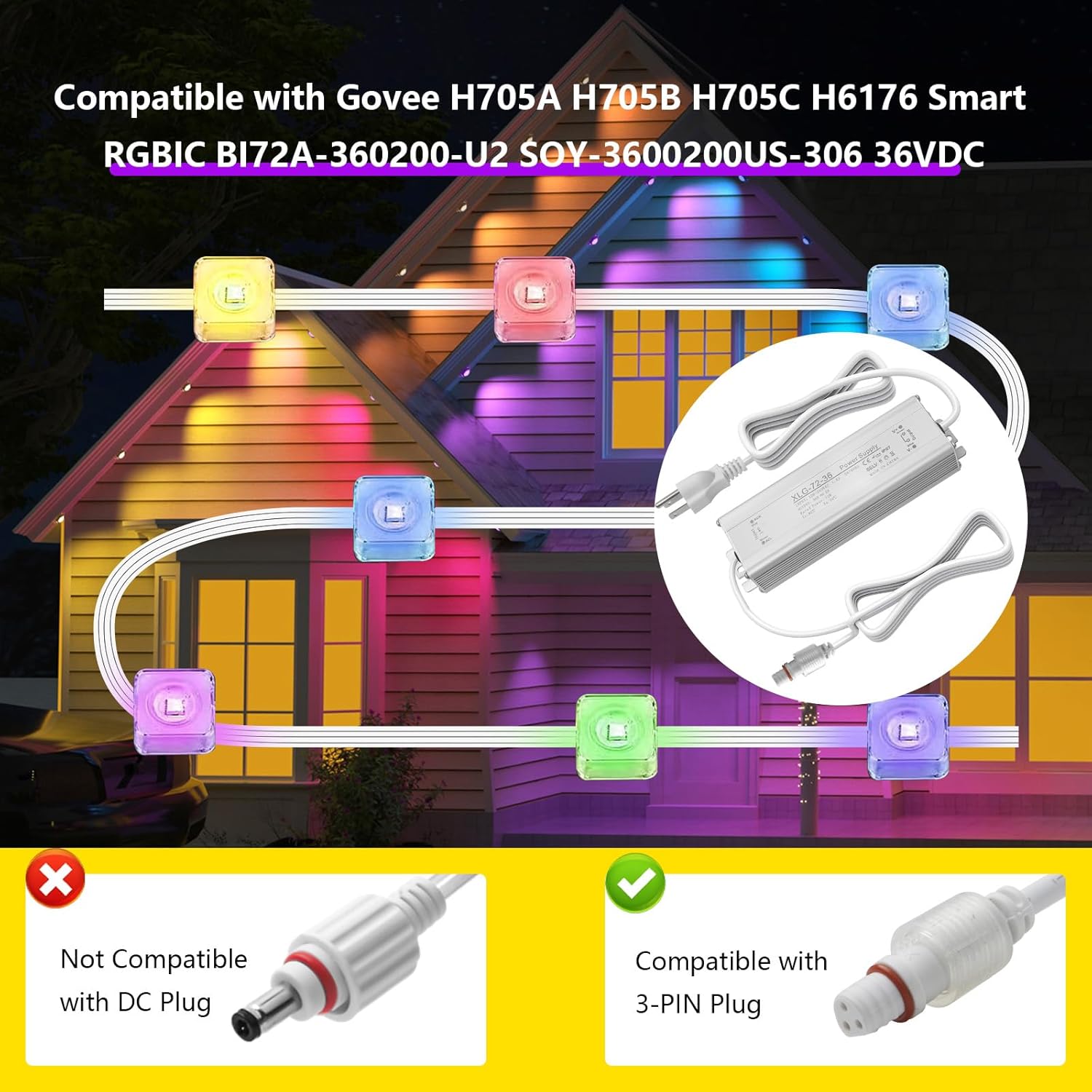 36V Power Adapter for Govee Permanent Outdoor Strip Lights,Three Hole Interface, Only Applicable to H705A, B.not Suitable for one Hole and Large Three Hole Plugs.