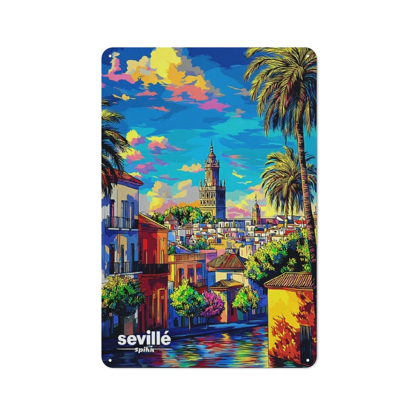 Junmoney Seville's Vibrant Streetscape -1 Tin Wall Plaque 30X20cm With For Bar Or Restaurant, Suited To Restaurant Interior Fans