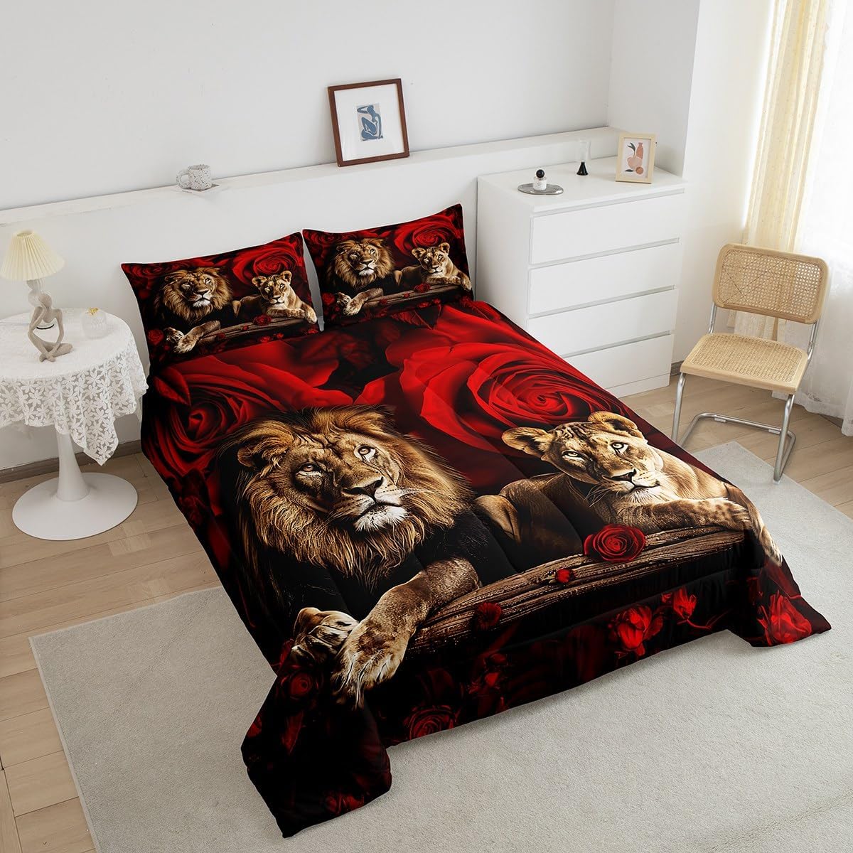 Feelyou Lion Comforter Set King Size Kids Red Rose Floral Comforter for Boys Girls Teens 3D Wild Animal Pattern Bedding Set Romantic Flower Duvet Set Valentine's Day Quilt
