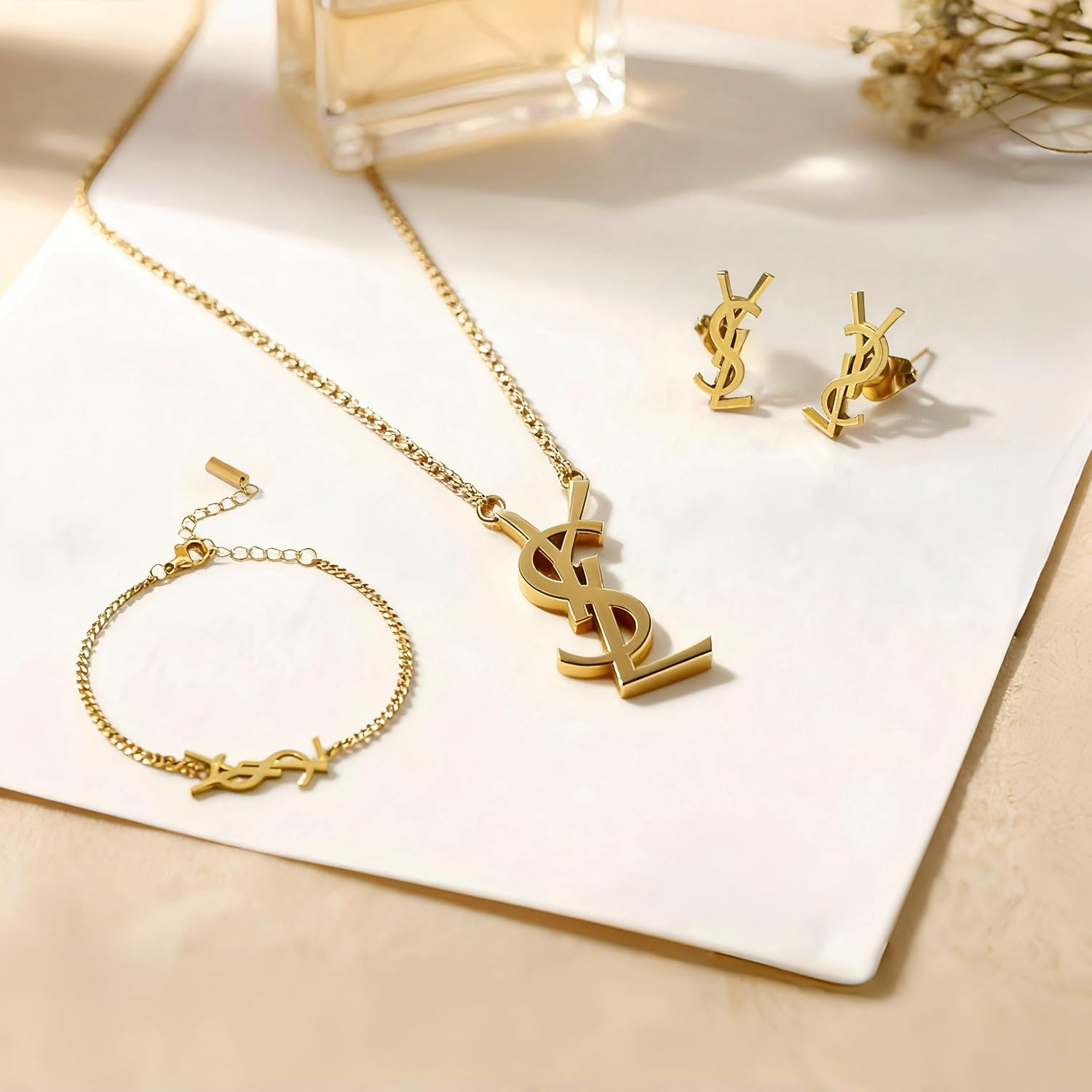18K Gold Jewelry Set for Women, Luxury Designer Jewelry, Dainty Plated Initial Bracelet, Necklace Pendant & Earrings, Minimalist Trendy Gift Set