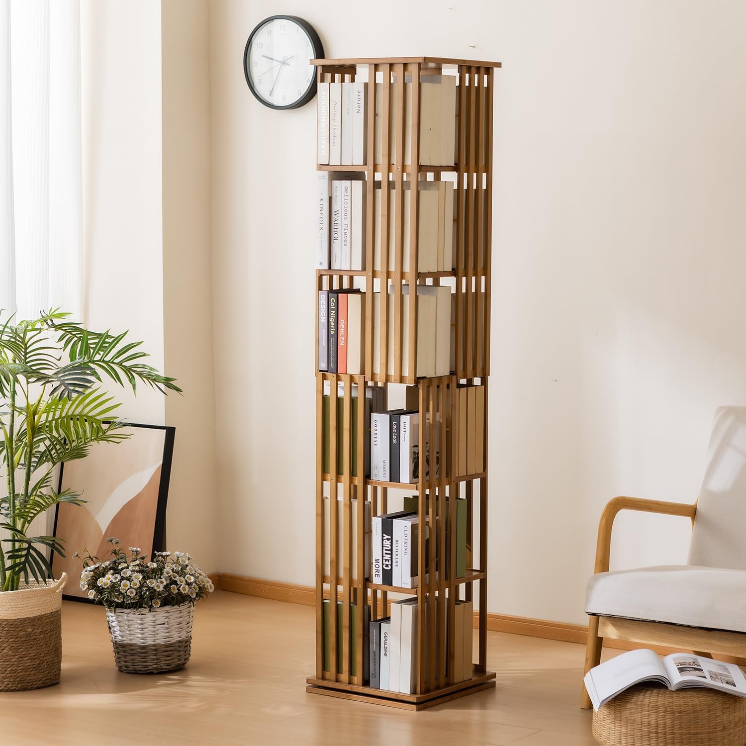 Bamboo 360° Rotating Bookshelf, 6-Tier Corner Bookcase Tower for Home Office, Narrow Floor Storage Shelf,Brown
