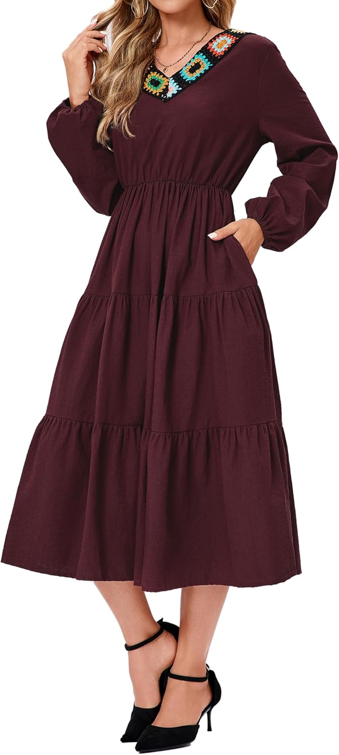 Women's 2026 Spring Dresses Long Sleeve Elegant Crew Neck A-Line Elastic Wasit Lightweight Formal Casual Midi Dress - Image 2