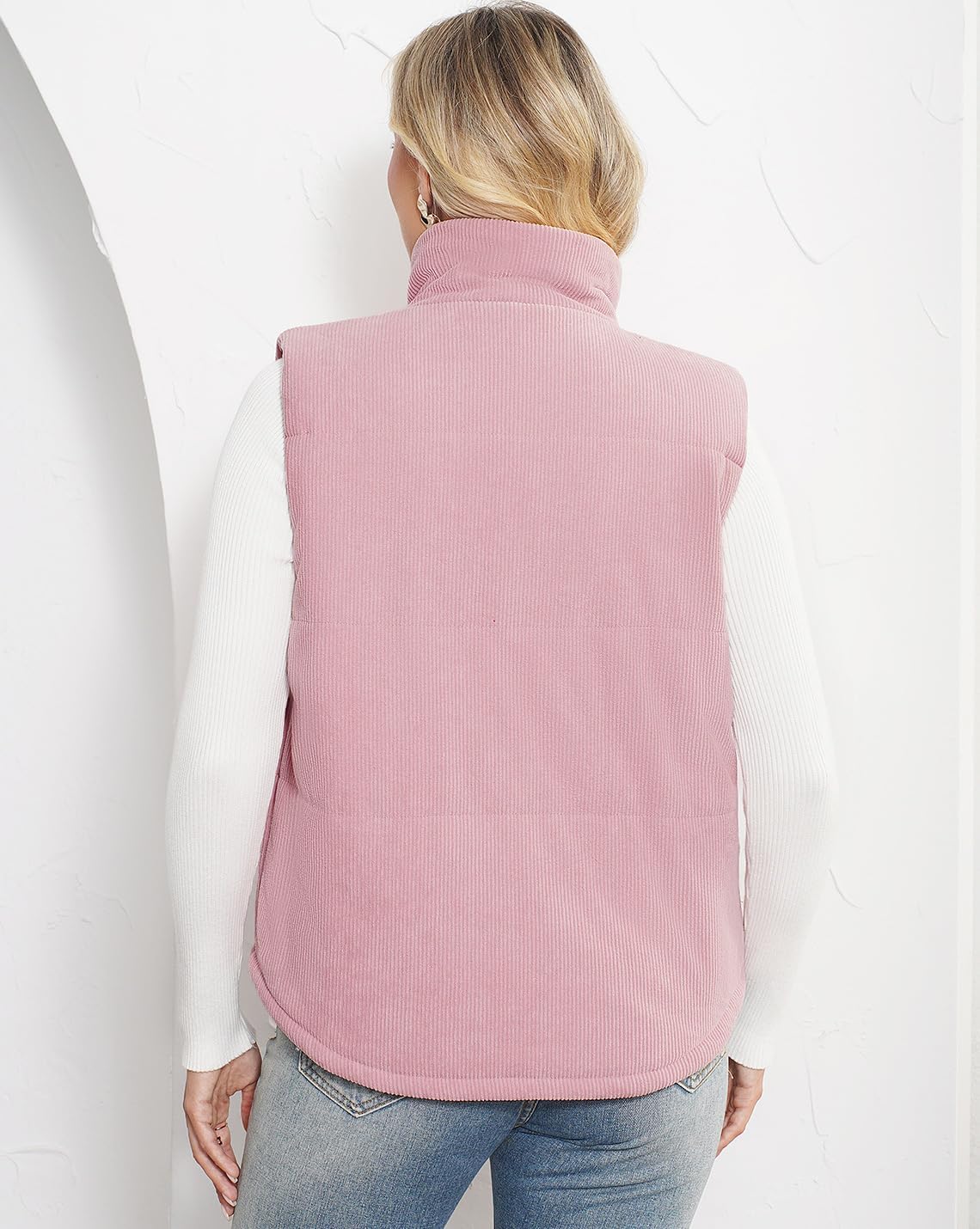 Womens Corduroy Puffer Vest Stand Collar Zip Snap Button Sleeveless Warm Waistcoat Padded Gilet - Image 3